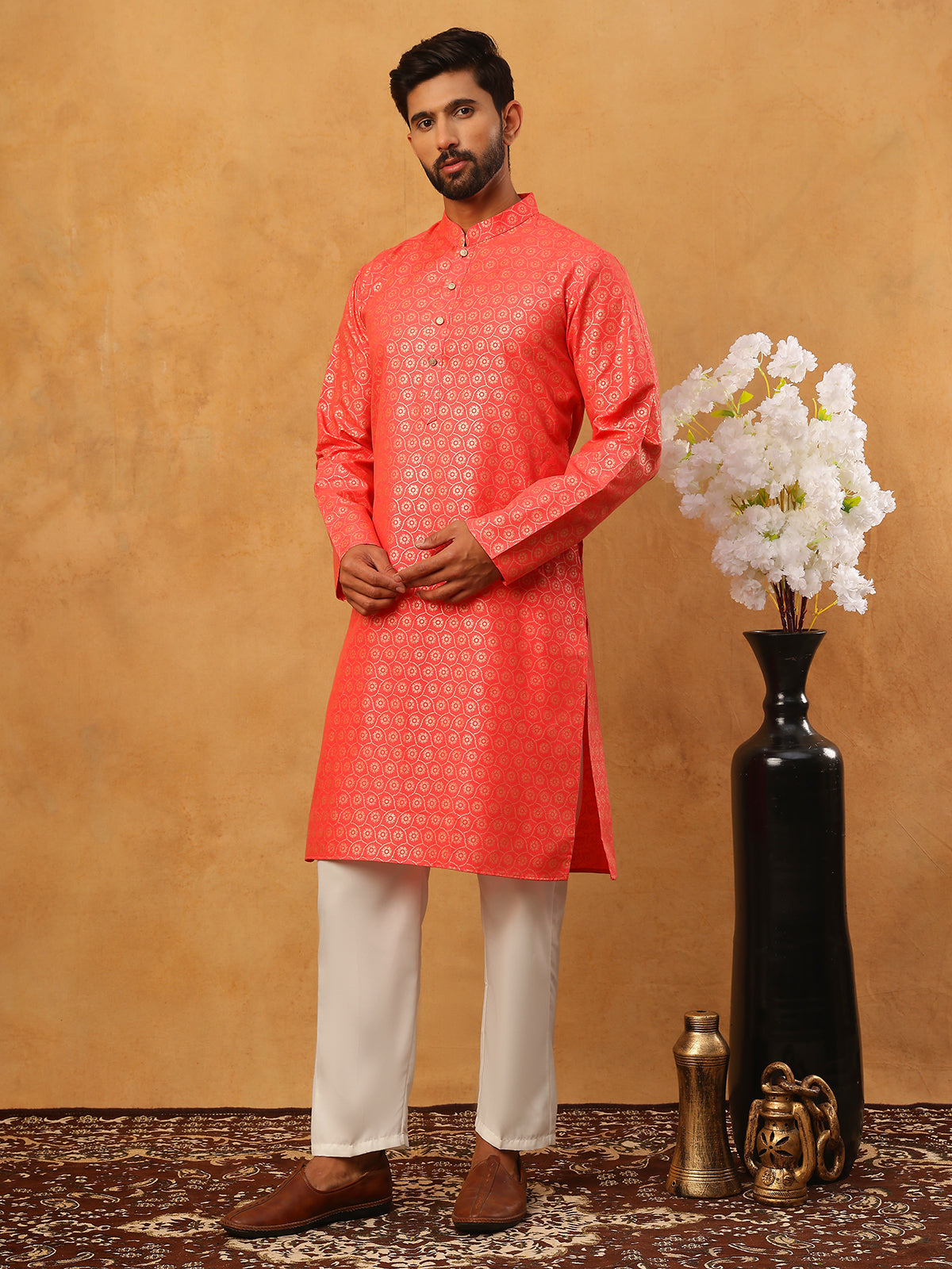 Festive Cotton Blend Printed Kurta Pyjama Set (65KP 5421 Peach ) [FF] [P-11-10]