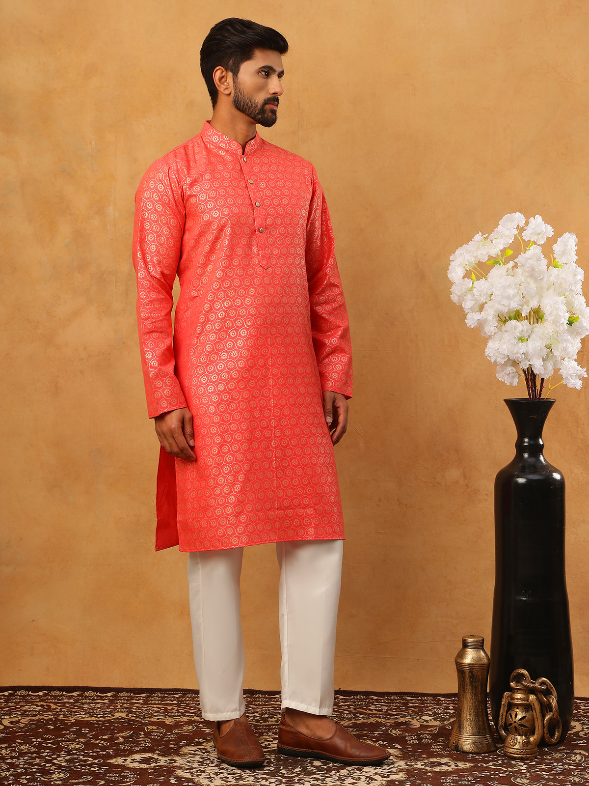 Festive Cotton Blend Printed Kurta Pyjama Set (65KP 5421 Peach ) [FF] [P-11-10]