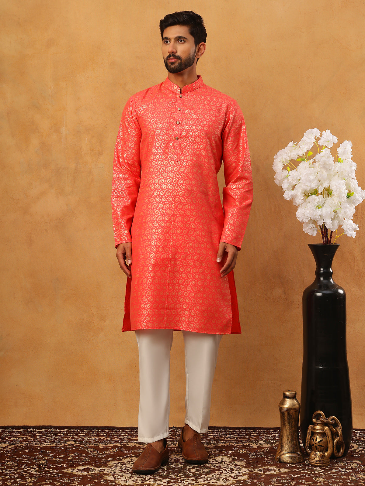 Festive Cotton Blend Printed Kurta Pyjama Set (65KP 5421 Peach ) [FF] [P-11-10]