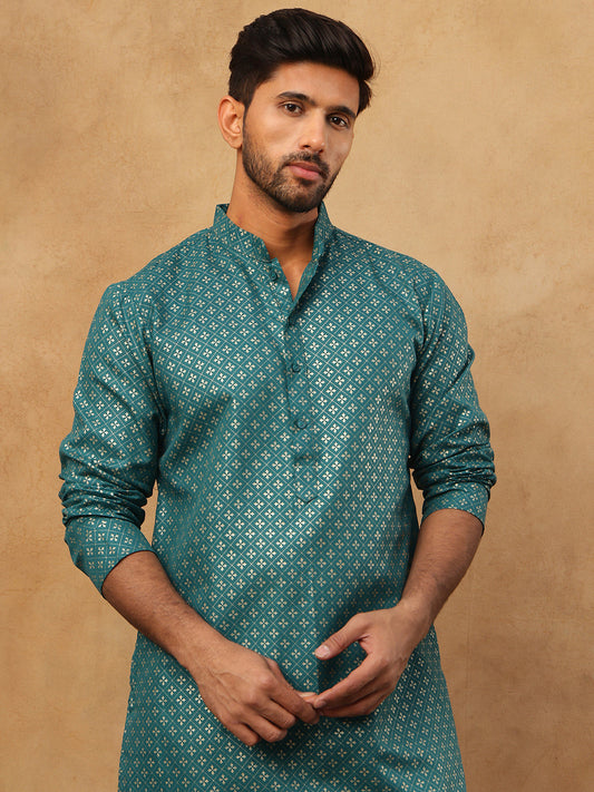 Festive Cotton Blend Printed Kurta Pyjama Set ( 65KP 5421Sea-Green S ) [FF] [P-11-10]
