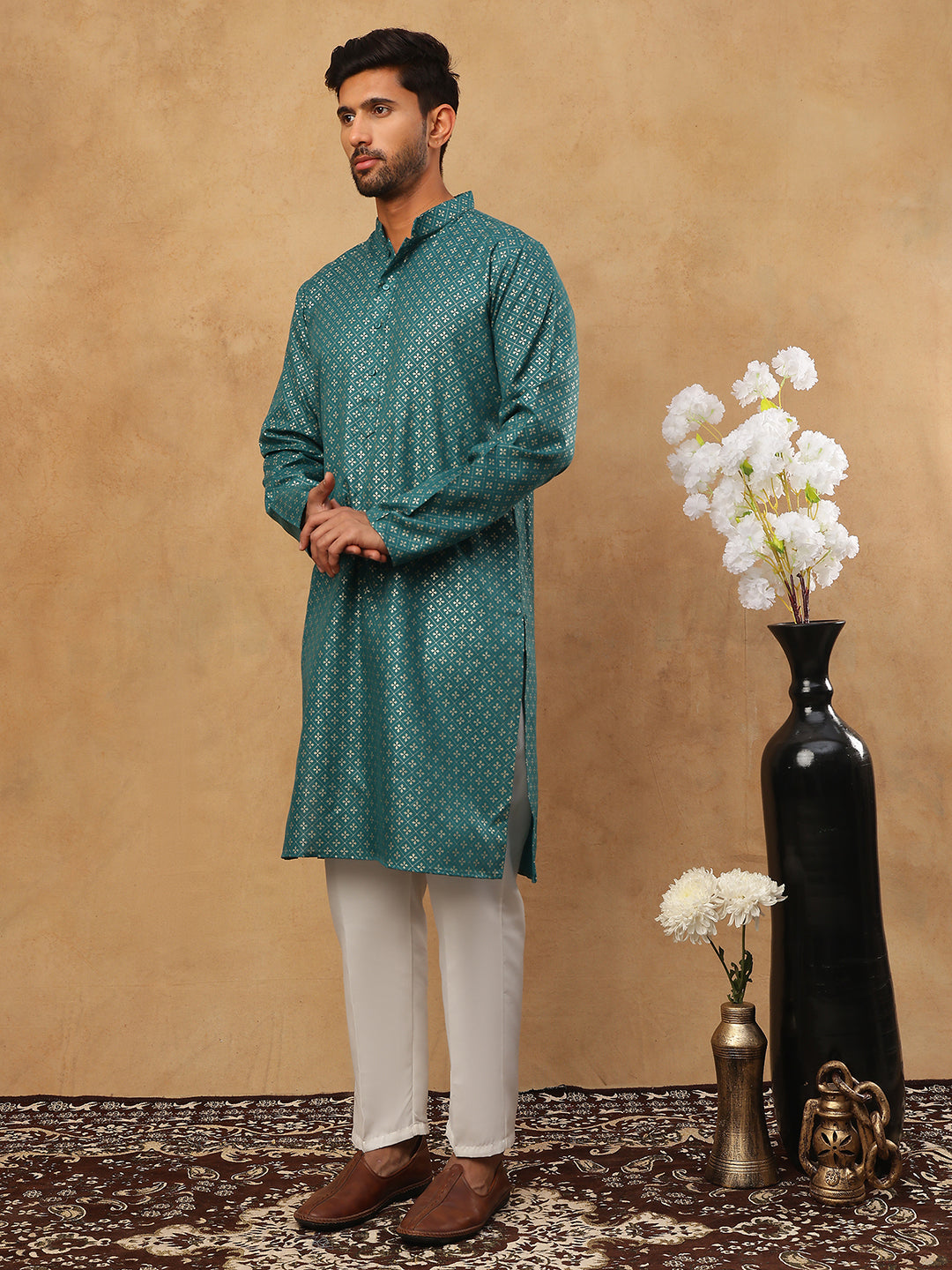 Festive Cotton Blend Printed Kurta Pyjama Set ( 65KP 5421Sea-Green S ) [FF] [P-11-10]