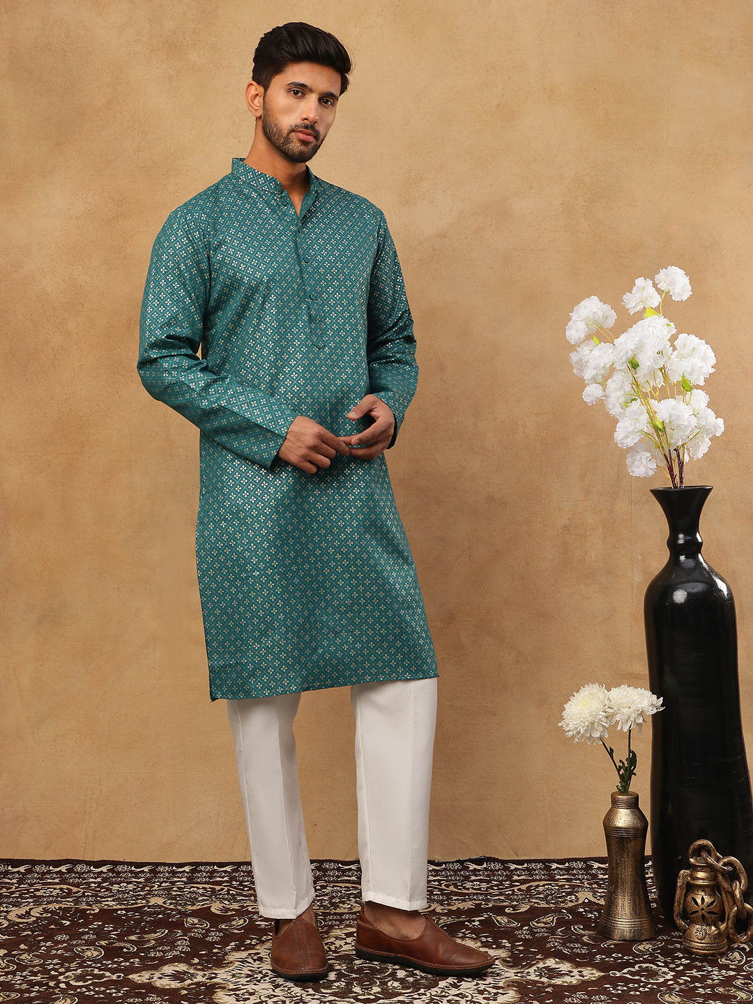 Festive Cotton Blend Printed Kurta Pyjama Set ( 65KP 5421Sea-Green S ) [FF] [P-11-10]