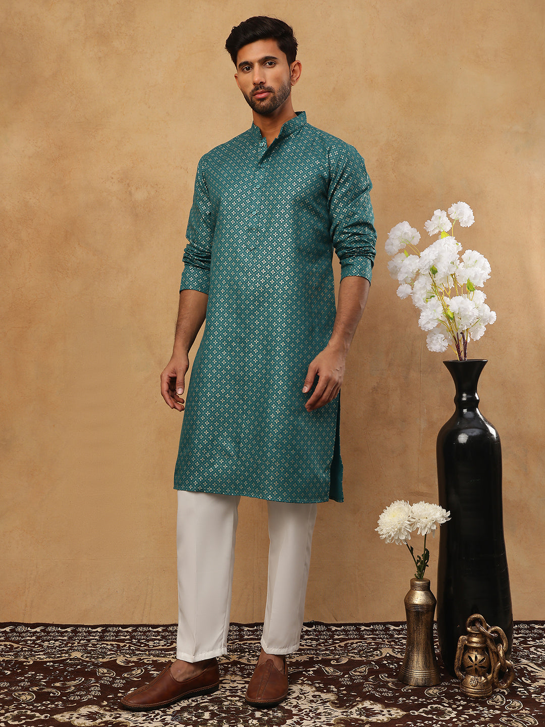 Festive Cotton Blend Printed Kurta Pyjama Set ( 65KP 5421Sea-Green S ) [FF] [P-11-10]