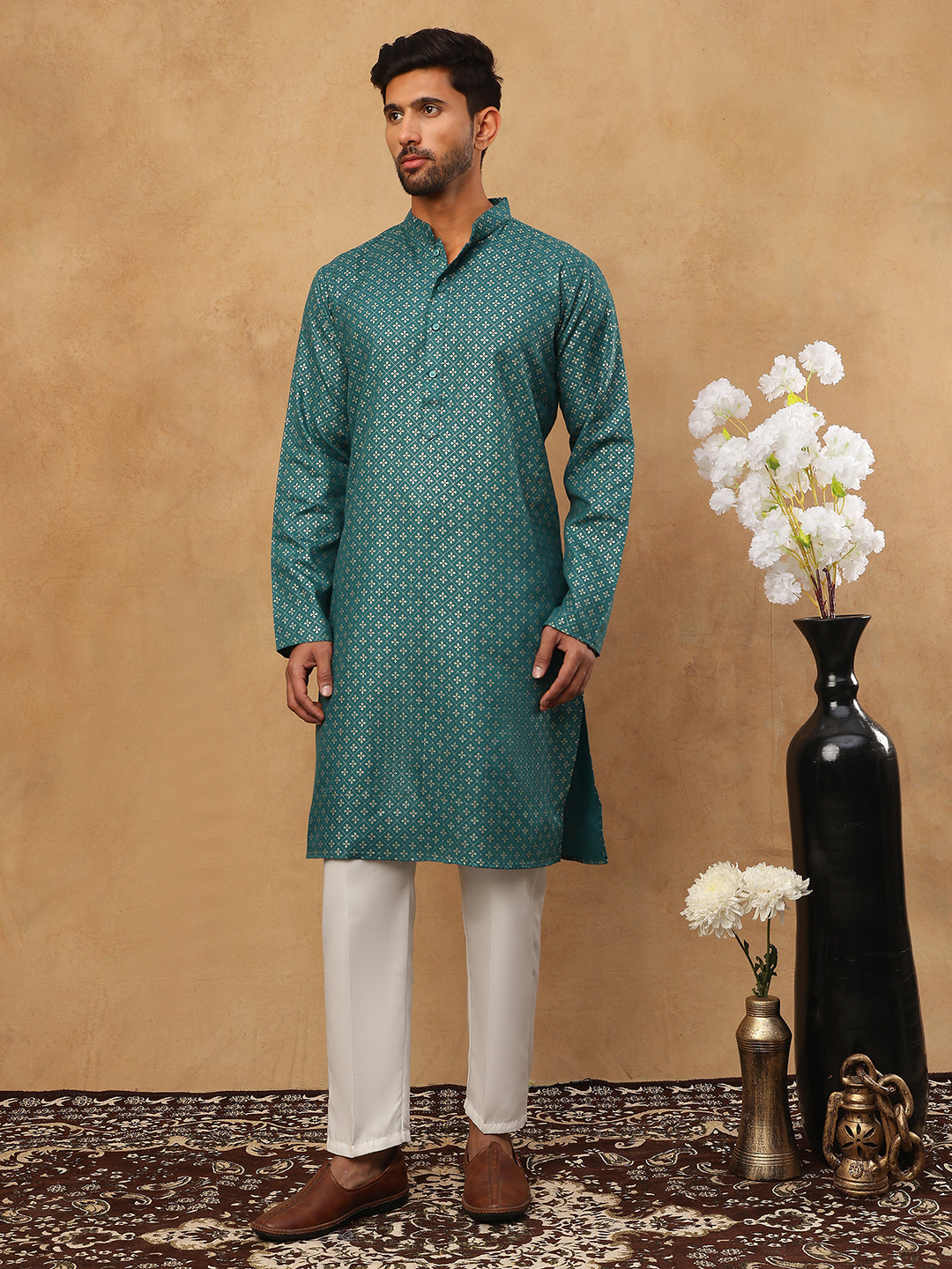 Festive Cotton Blend Printed Kurta Pyjama Set ( 65KP 5421Sea-Green S ) [FF] [P-11-10]