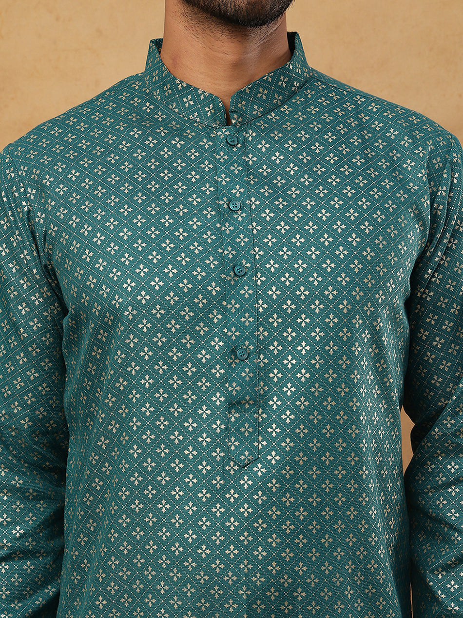 Festive Cotton Blend Printed Kurta Pyjama Set ( 65KP 5421Sea-Green S ) [FF] [P-11-10]