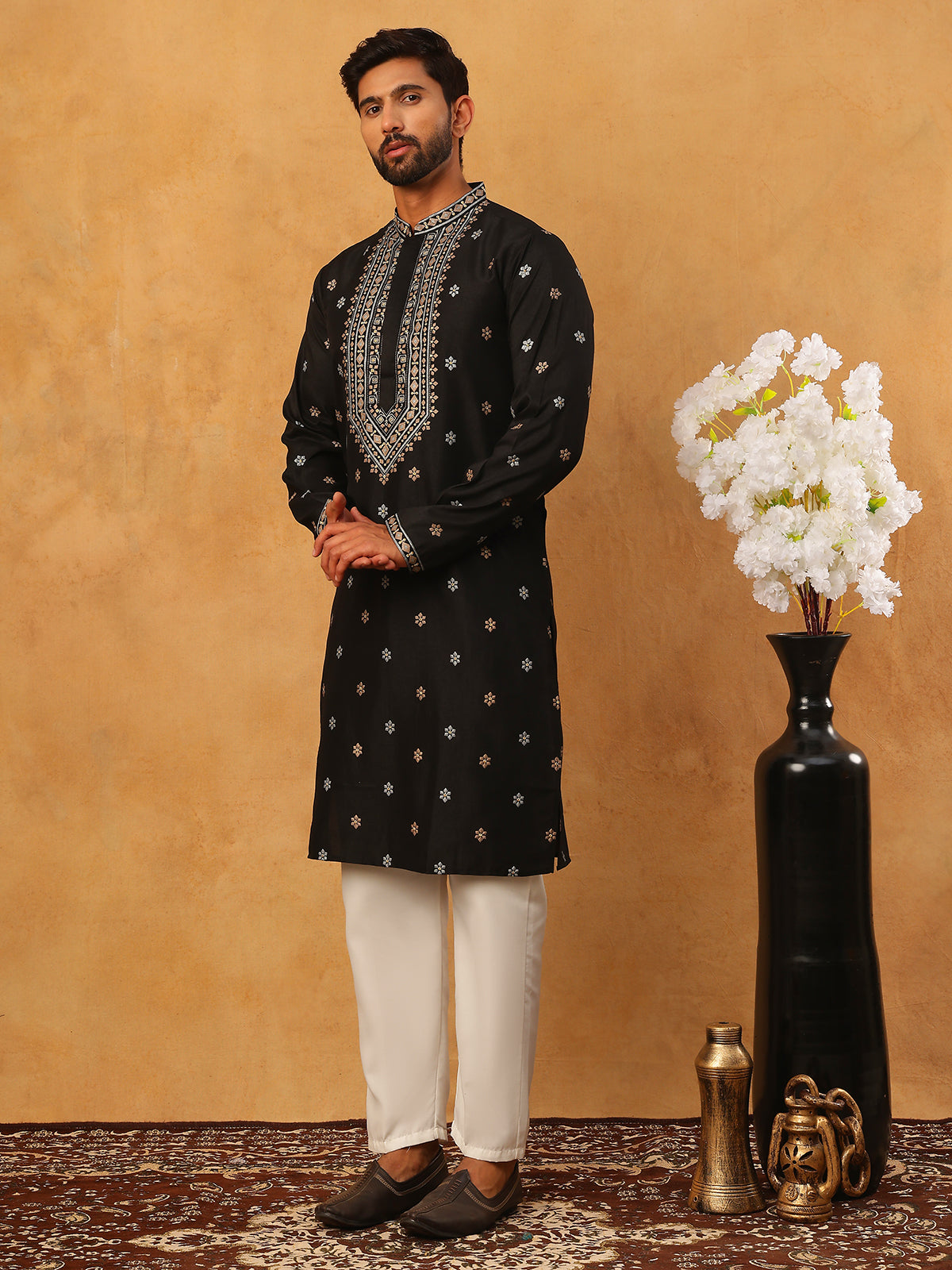 Ethnic Silk Blend Foil Print Kurta Pyjama Set (65KP 5422 Black ) [FF] [J-1]