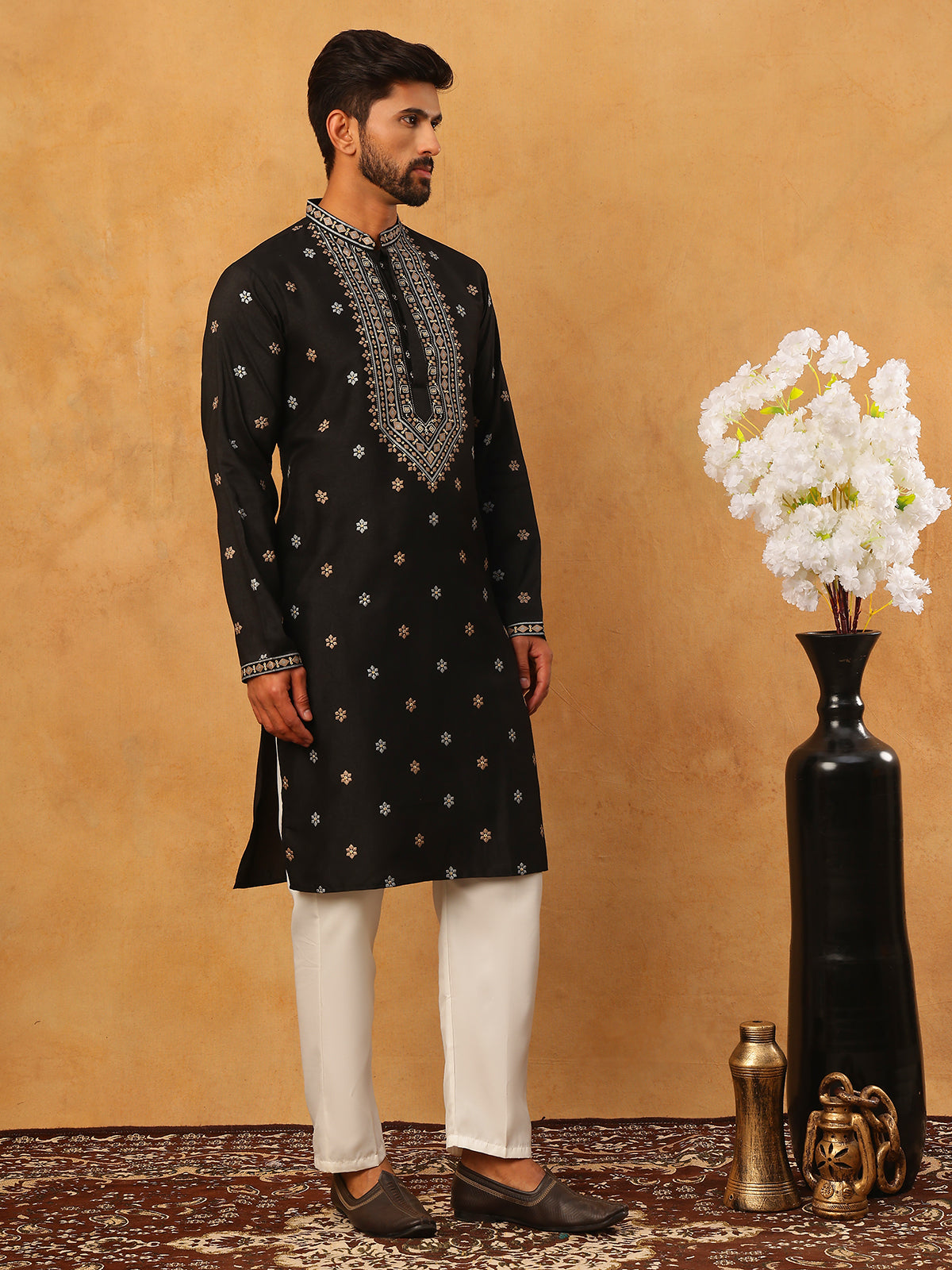 Ethnic Silk Blend Foil Print Kurta Pyjama Set (65KP 5422 Black ) [FF] [J-1]
