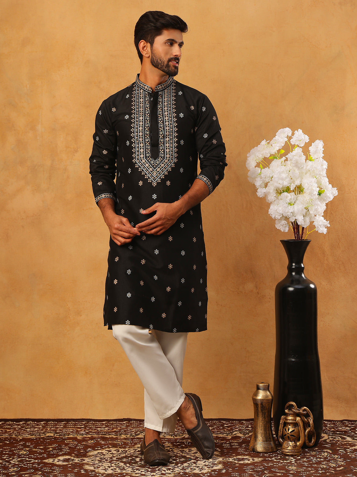 Ethnic Silk Blend Foil Print Kurta Pyjama Set (65KP 5422 Black ) [FF] [J-1]