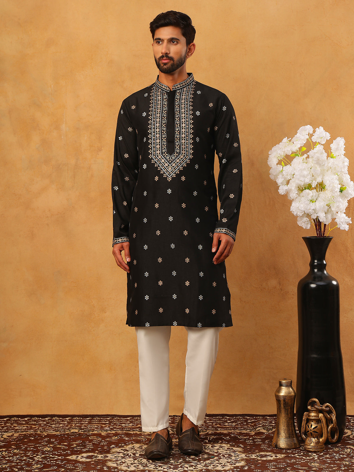 Ethnic Silk Blend Foil Print Kurta Pyjama Set (65KP 5422 Black ) [FF] [J-1]