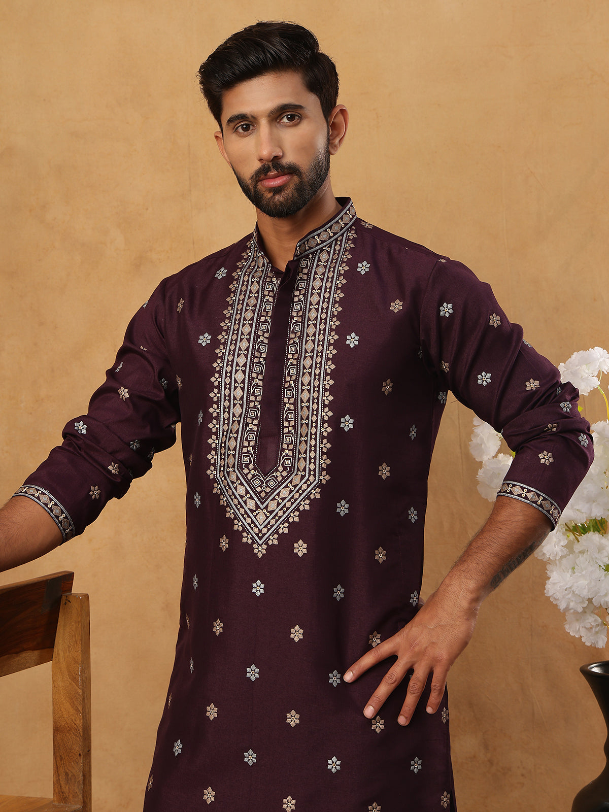 Ethnic Silk Blend Foil Print Kurta Pyjama Set (65KP 5422 Purple ) [FF] [J-1]