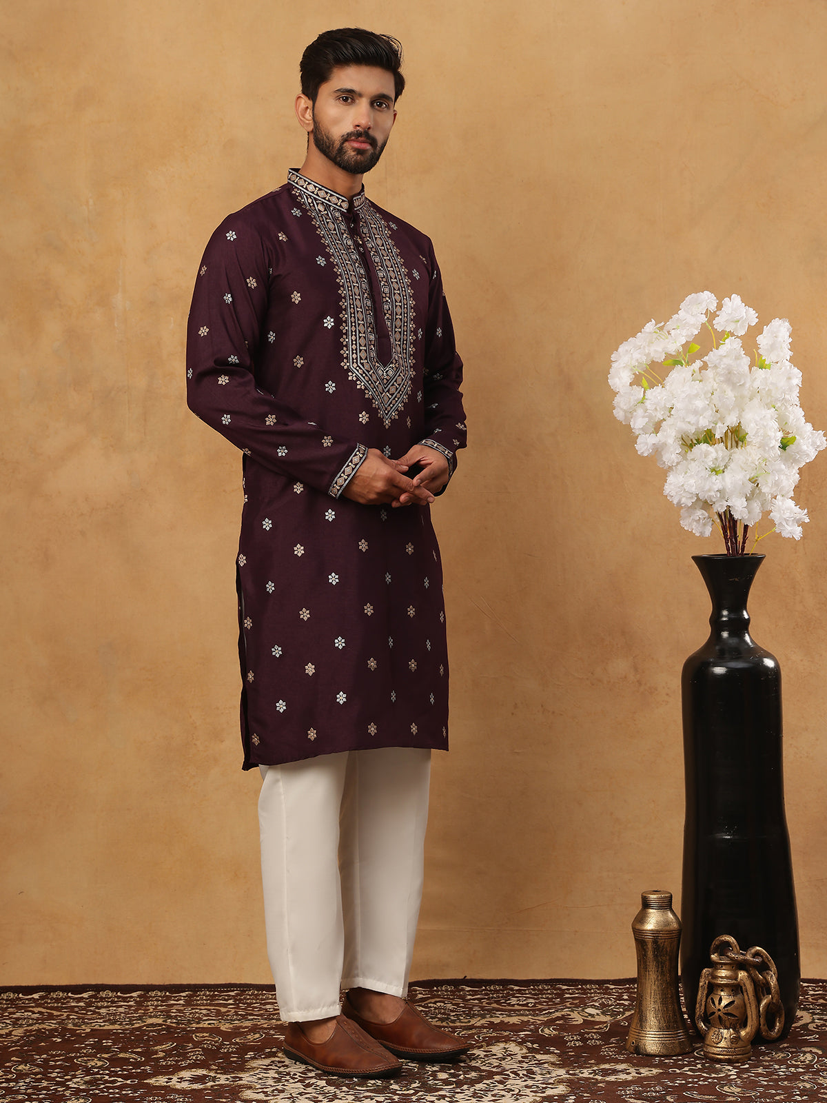 Ethnic Silk Blend Foil Print Kurta Pyjama Set (65KP 5422 Purple ) [FF] [J-1]