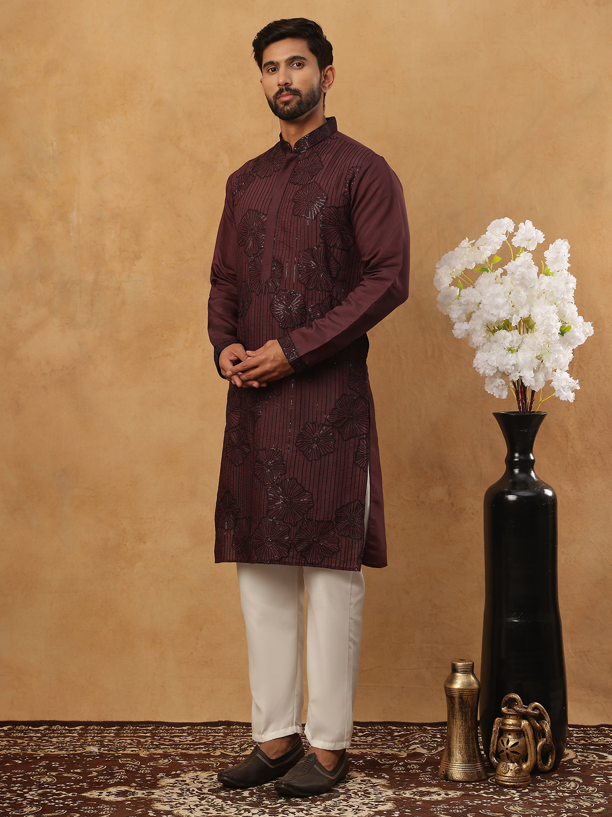 Silk Blend Embroidered Kurta with Pyjama (65KP 5423 Maroon ) [FF] [Q-11-14]