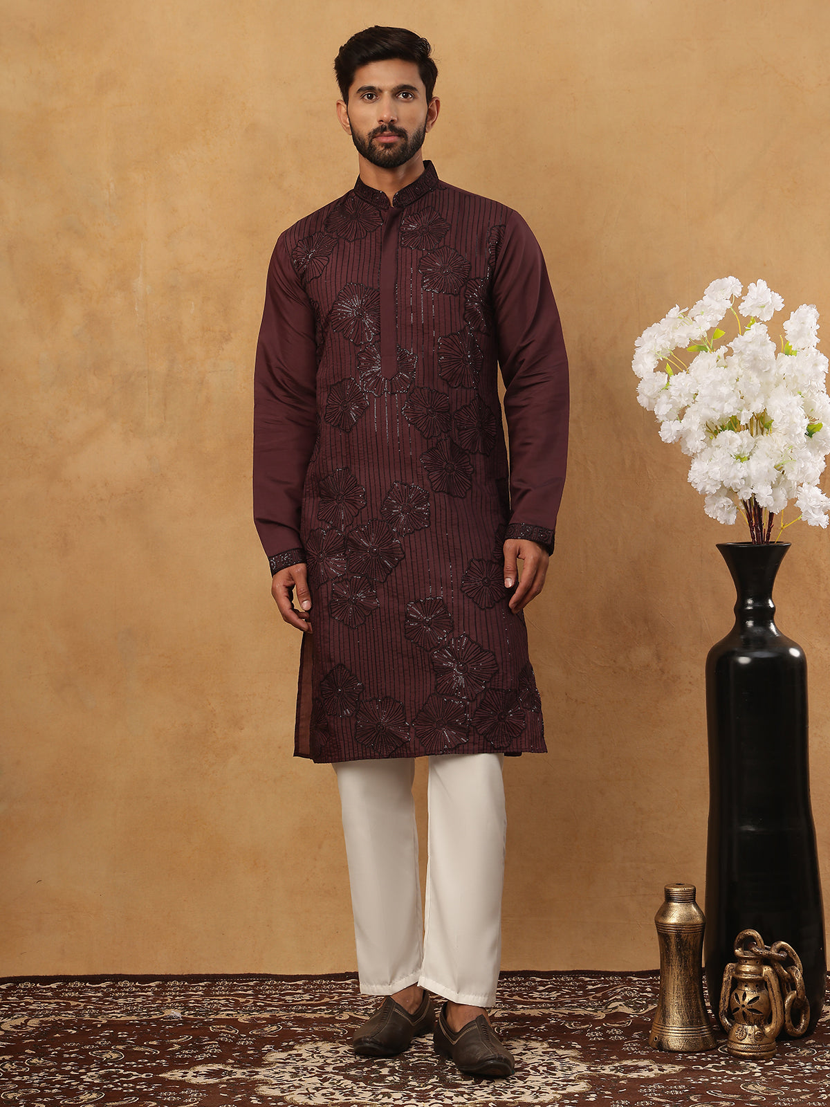 Silk Blend Embroidered Kurta with Pyjama (65KP 5423 Maroon ) [FF] [Q-11-14]