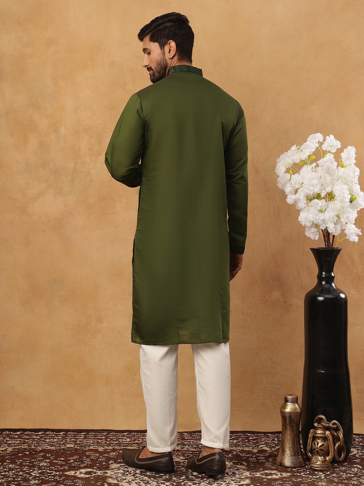 Silk Blend Embroidered Kurta with Pyjama (65KP 5423 Olive ) [FF] [Q-11-14]