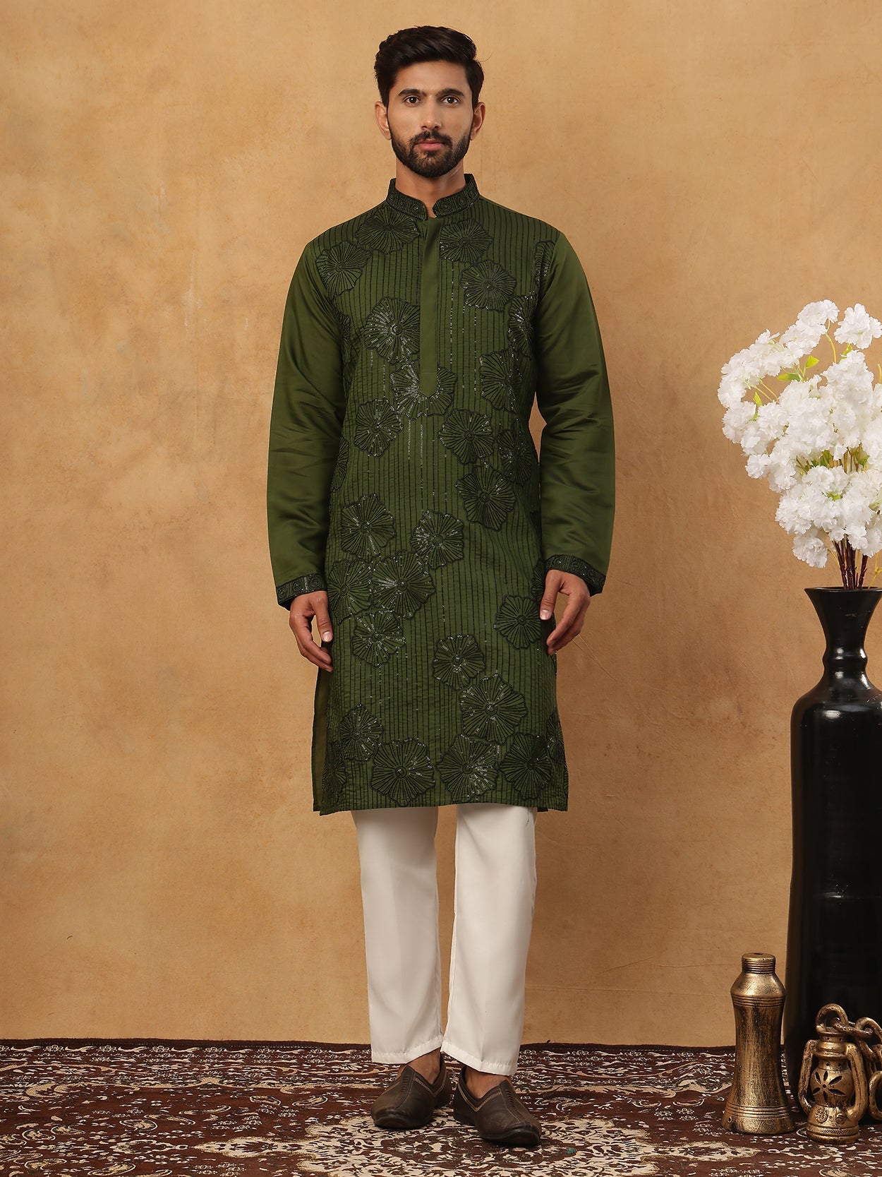 Silk Blend Embroidered Kurta with Pyjama (65KP 5423 Olive ) [FF] [Q-11-14]