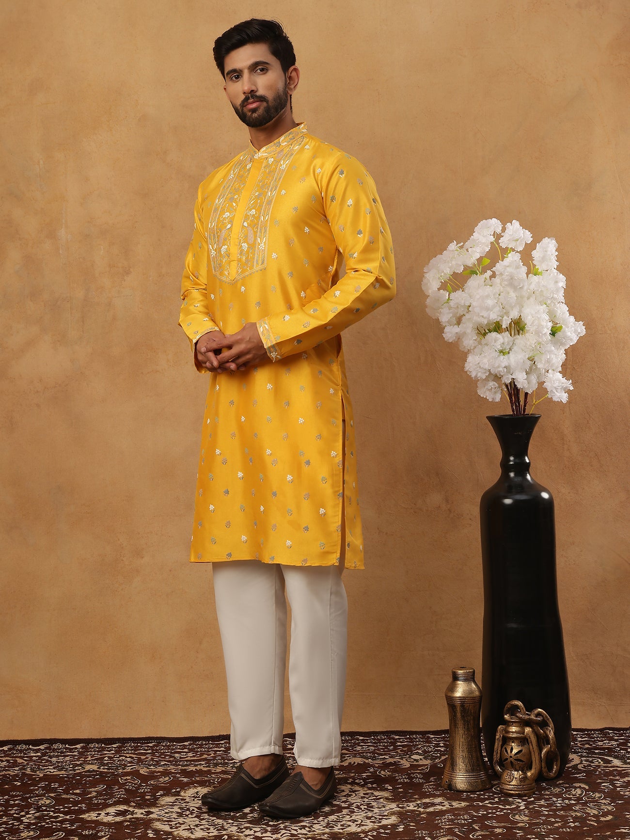 Men’s Festive Rubber Print Kurta Pyjama (65KP 5424 Mustard ) [FF] [J-1]
