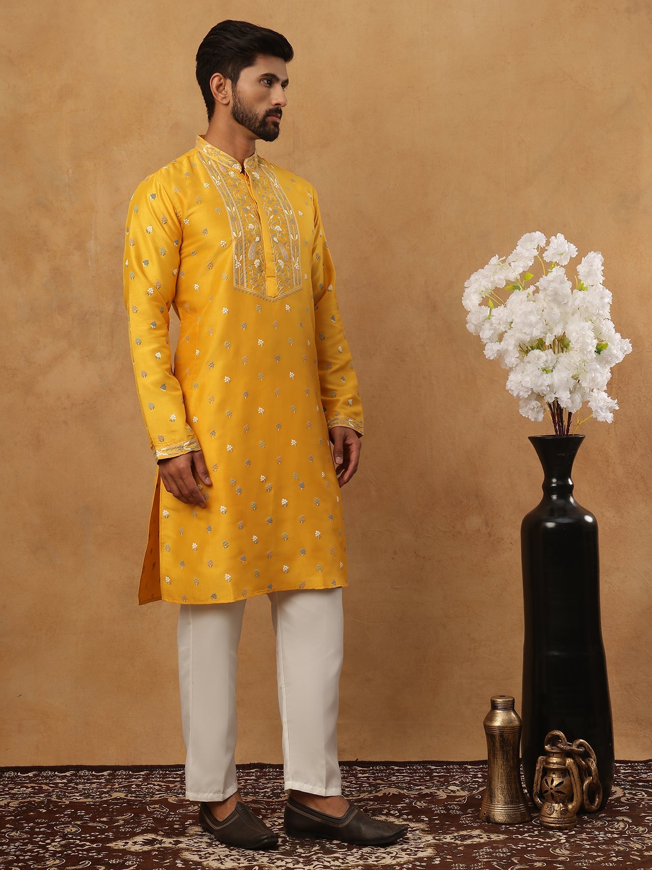 Men’s Festive Rubber Print Kurta Pyjama (65KP 5424 Mustard ) [FF] [J-1]