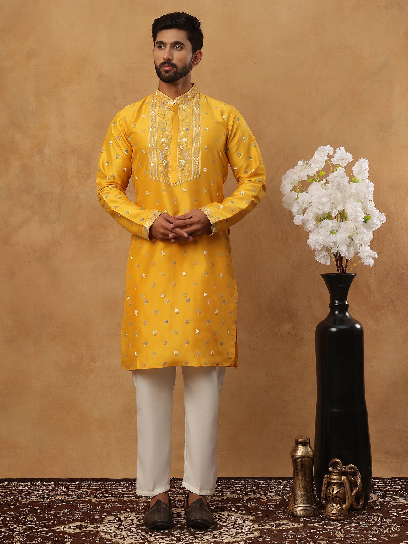 Men’s Festive Rubber Print Kurta Pyjama (65KP 5424 Mustard ) [FF] [J-1]