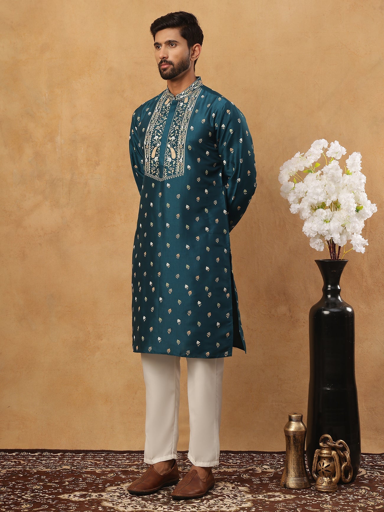 Men’s Festive Rubber Print Kurta Pyjama (65KP 5424 Peacock ) [FF] [J-1]