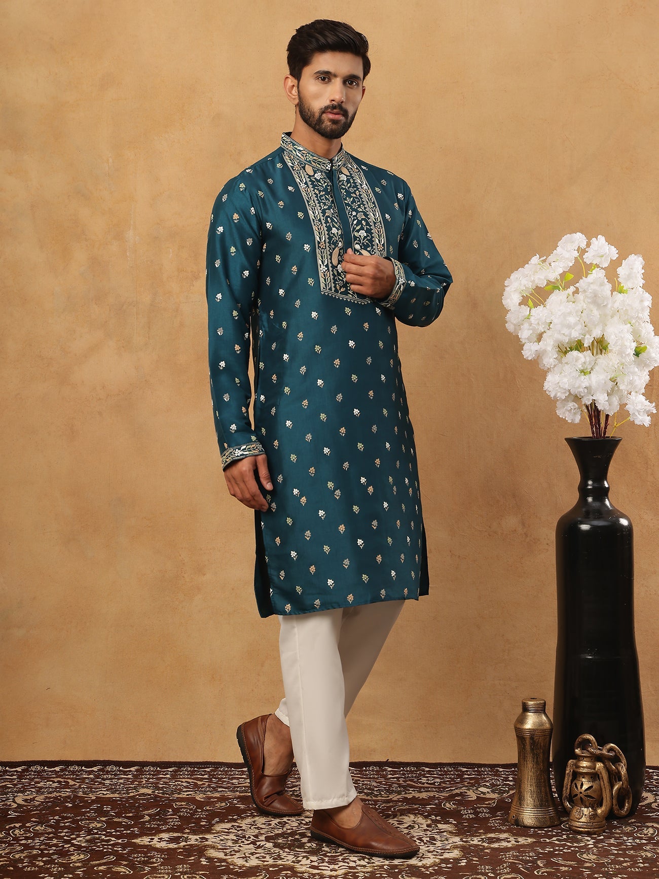 Men’s Festive Rubber Print Kurta Pyjama (65KP 5424 Peacock ) [FF] [J-1]