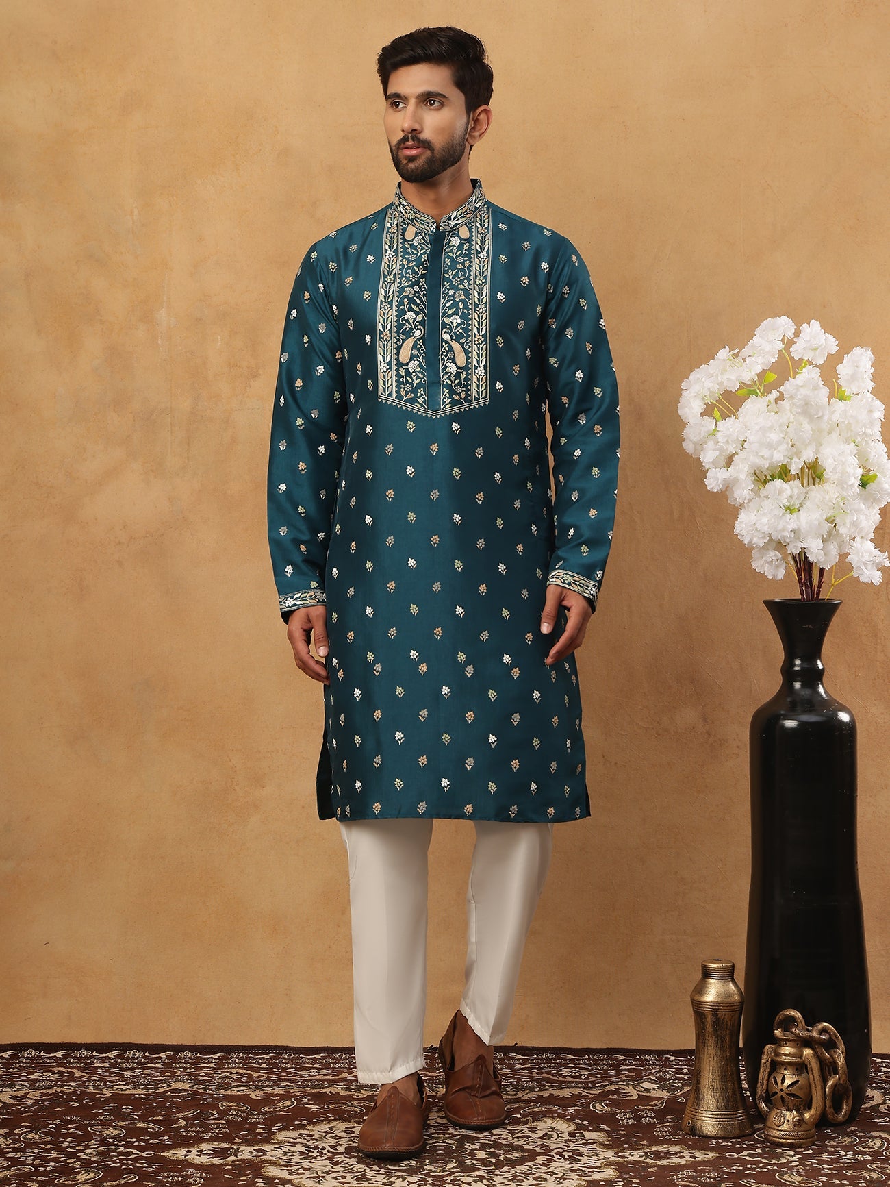 Men’s Festive Rubber Print Kurta Pyjama (65KP 5424 Peacock ) [FF] [J-1]