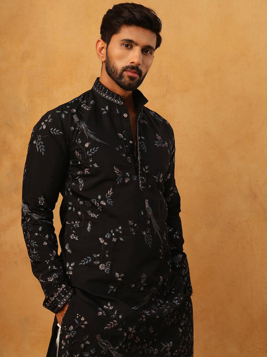 Silk Blend Embroidered Kurta with Pyjama (65KP 5426 Black ) [FF] [A-1-4]
