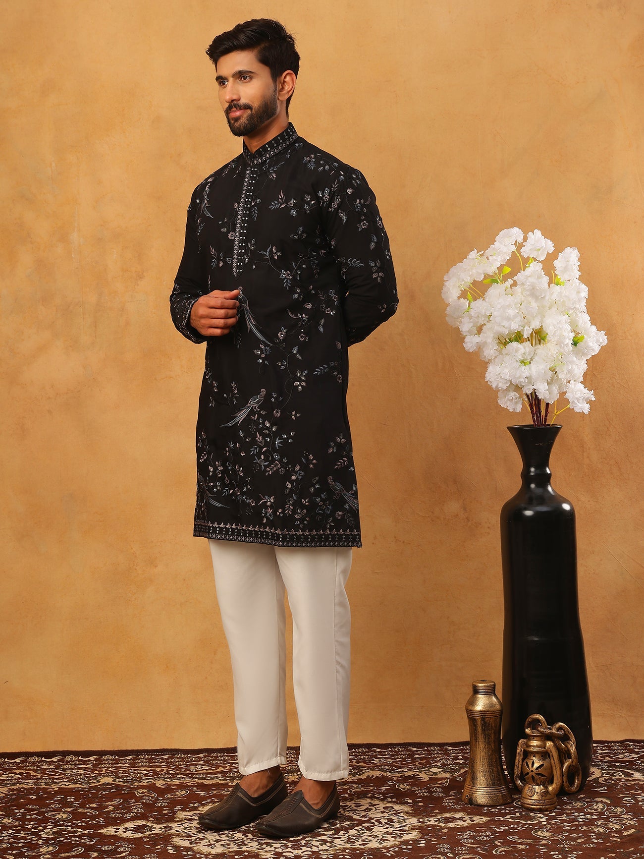 Silk Blend Embroidered Kurta with Pyjama (65KP 5426 Black ) [FF] [A-1-4]