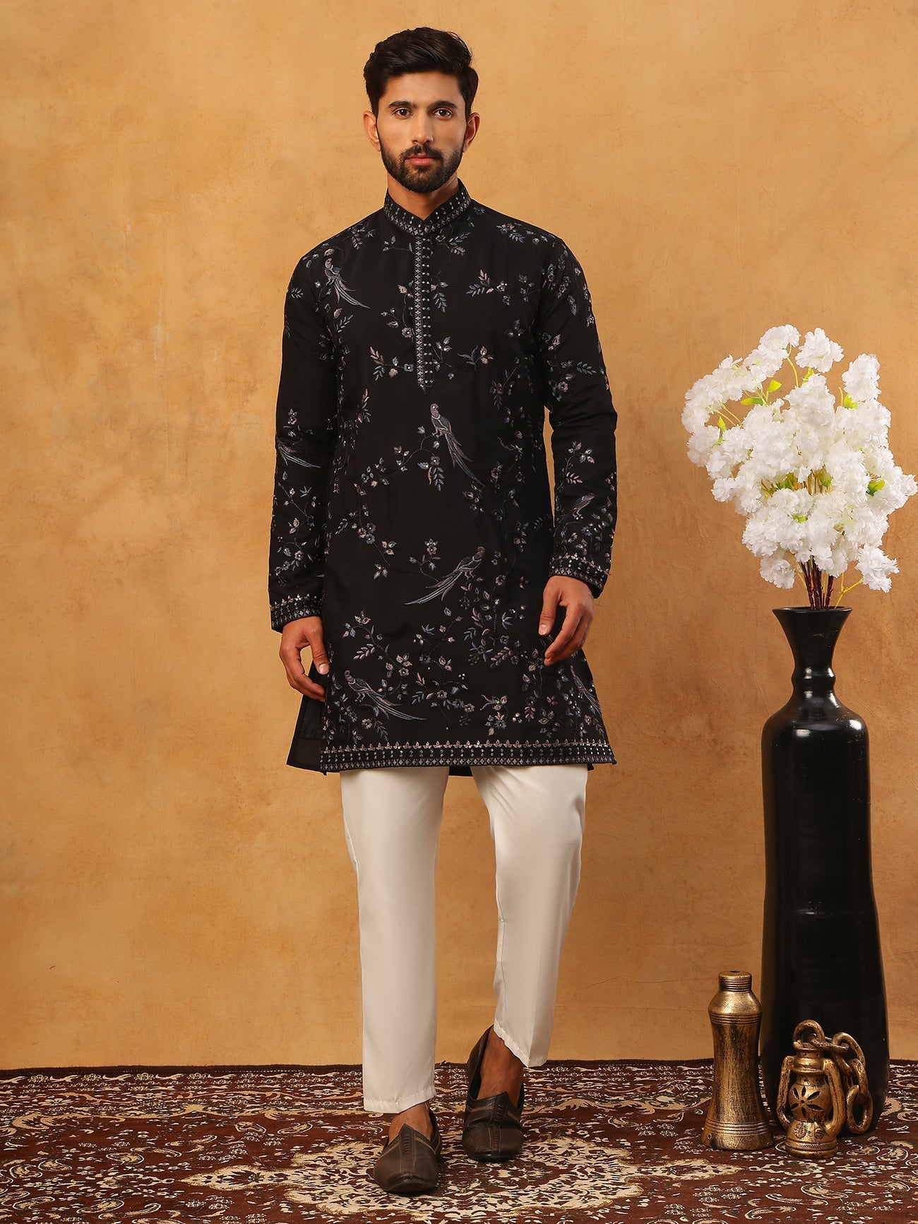 Silk Blend Embroidered Kurta with Pyjama (65KP 5426 Black ) [FF] [A-1-4]