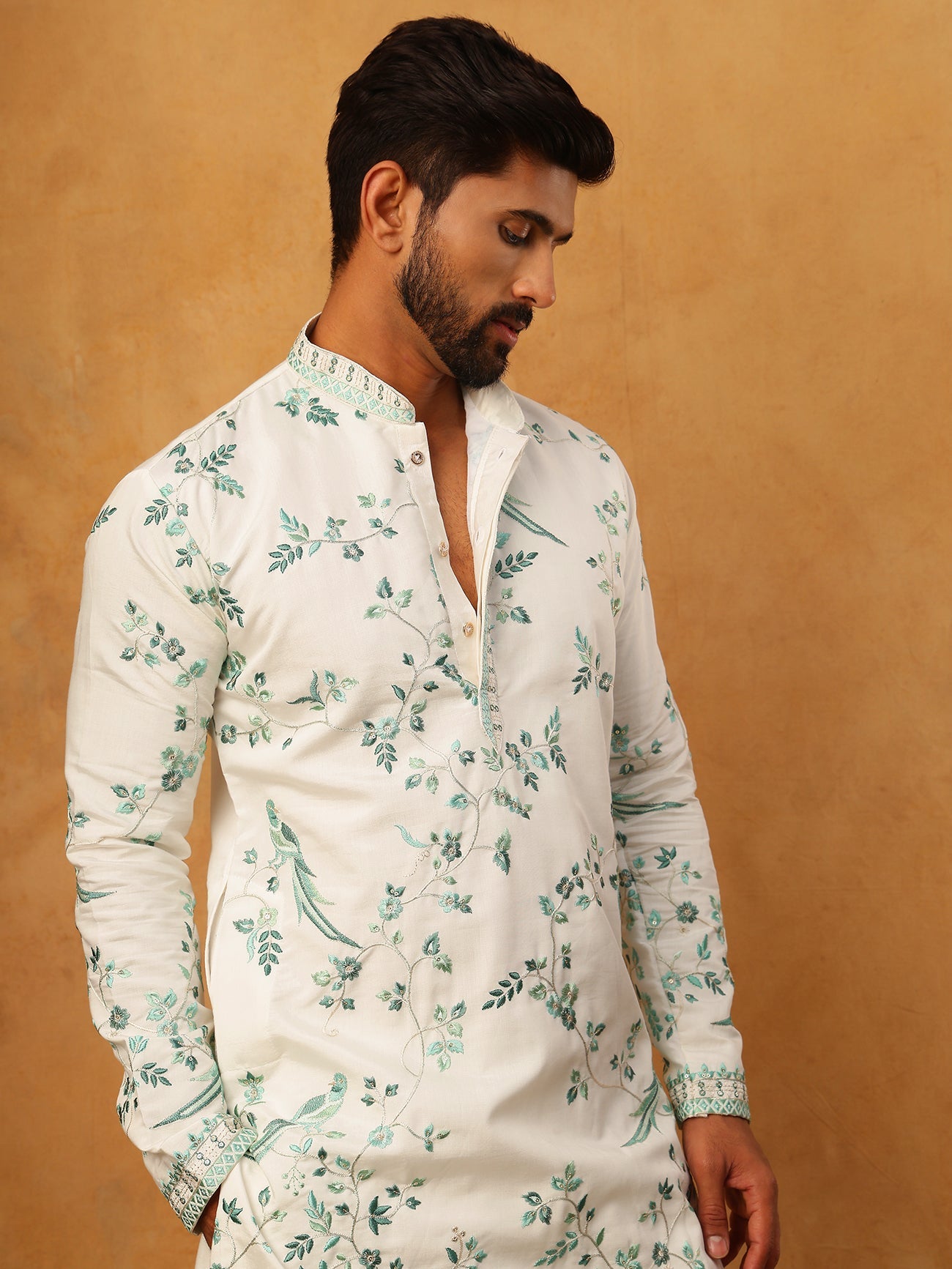 Silk Blend Embroidered Kurta with Pyjama (65KP 5426 White ) [FF] [A-1-4]