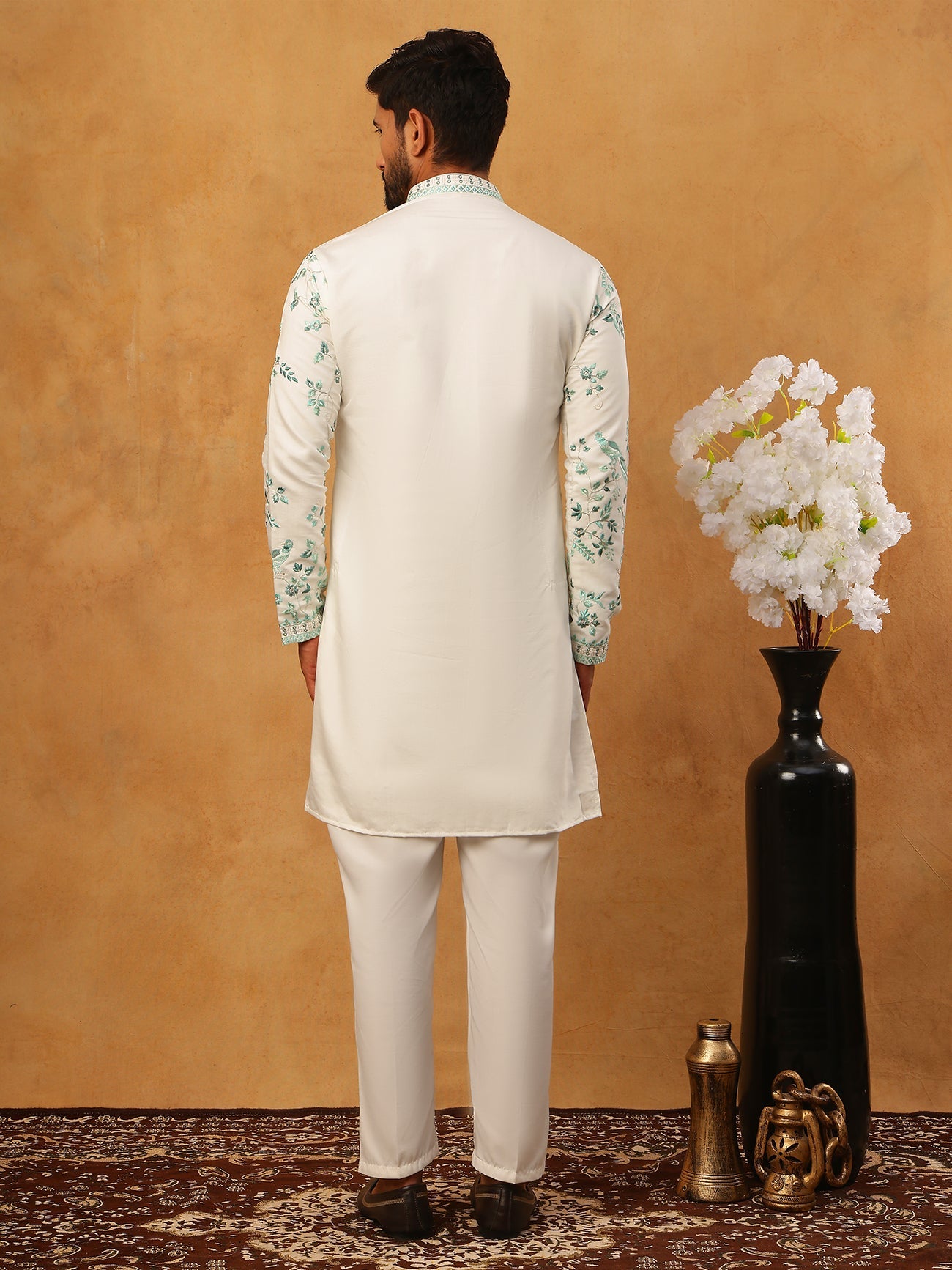Silk Blend Embroidered Kurta with Pyjama (65KP 5426 White ) [FF] [A-1-4]