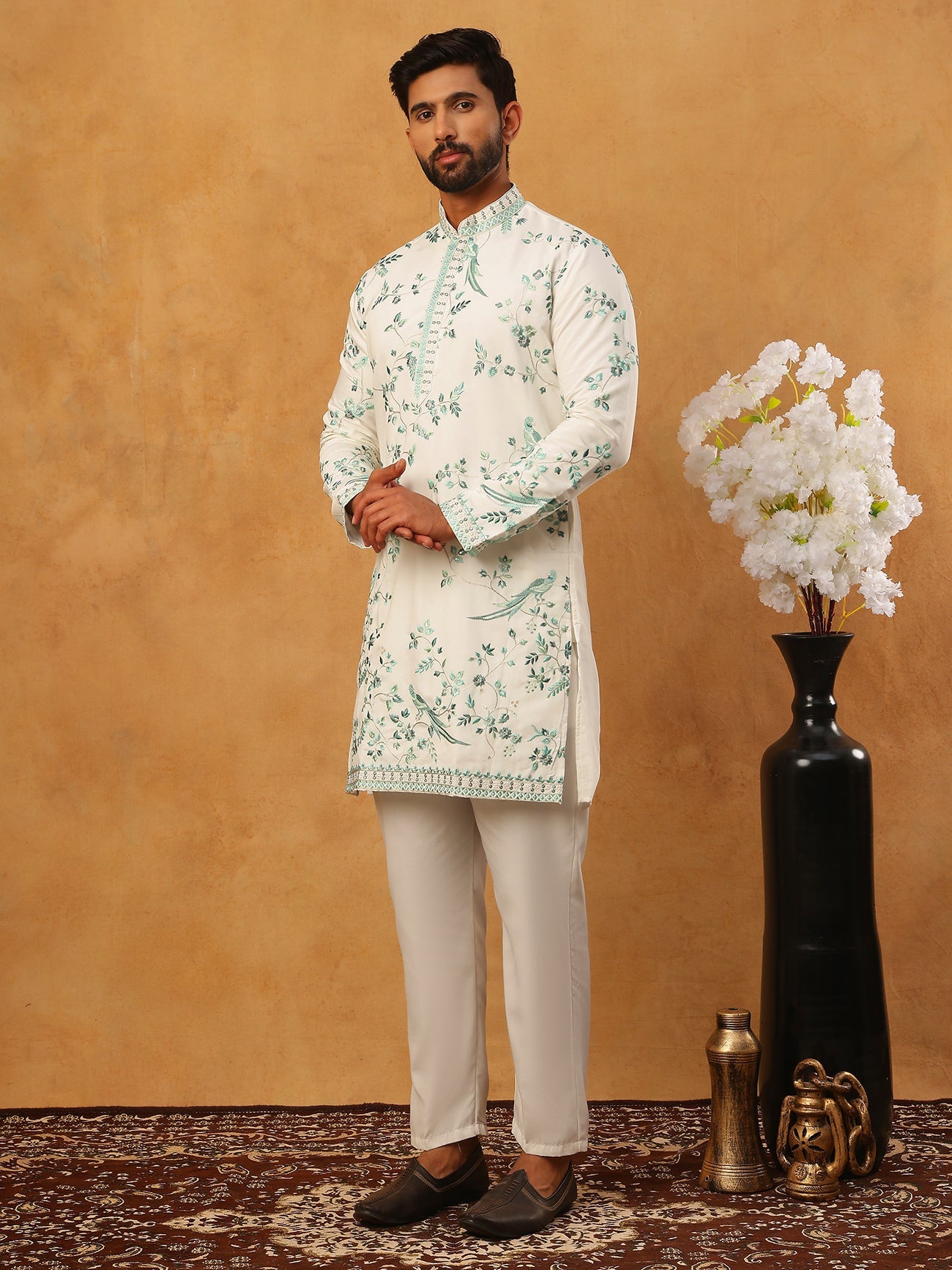 Silk Blend Embroidered Kurta with Pyjama (65KP 5426 White ) [FF] [A-1-4]