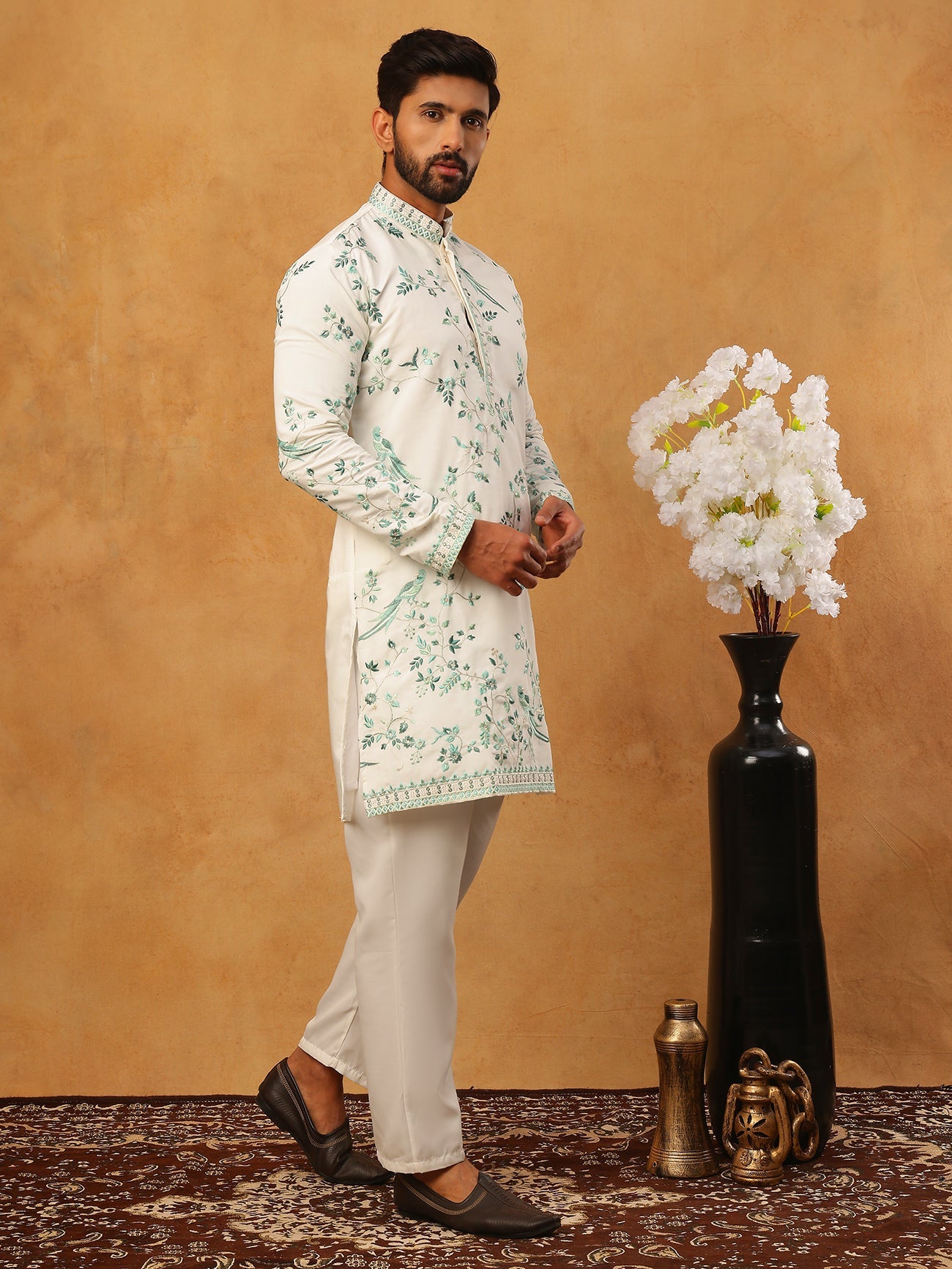 Silk Blend Embroidered Kurta with Pyjama (65KP 5426 White ) [FF] [A-1-4]