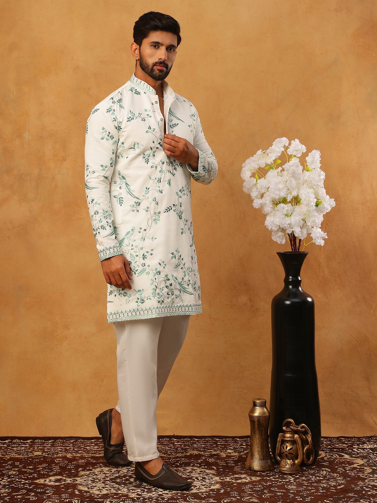 Silk Blend Embroidered Kurta with Pyjama (65KP 5426 White ) [FF] [A-1-4]