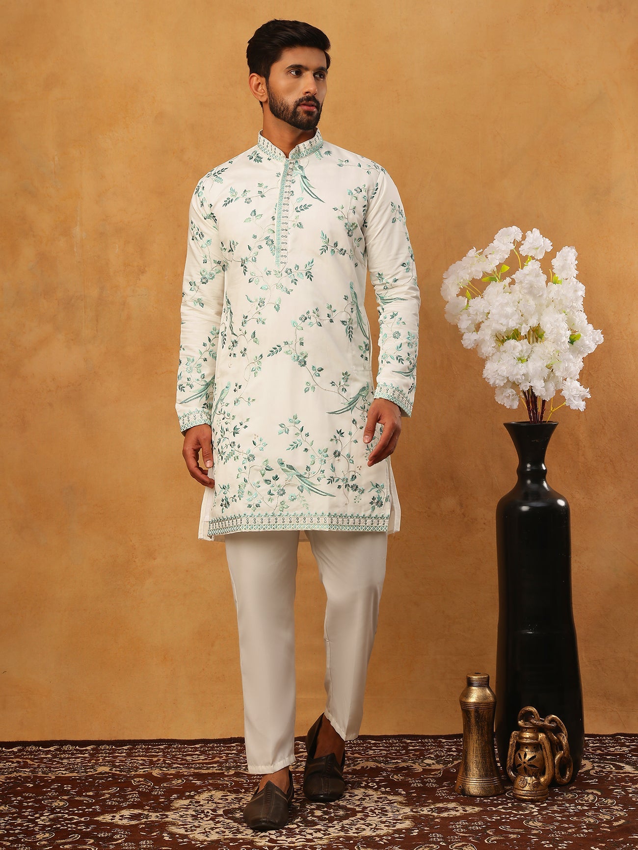 Silk Blend Embroidered Kurta with Pyjama (65KP 5426 White ) [FF] [A-1-4]