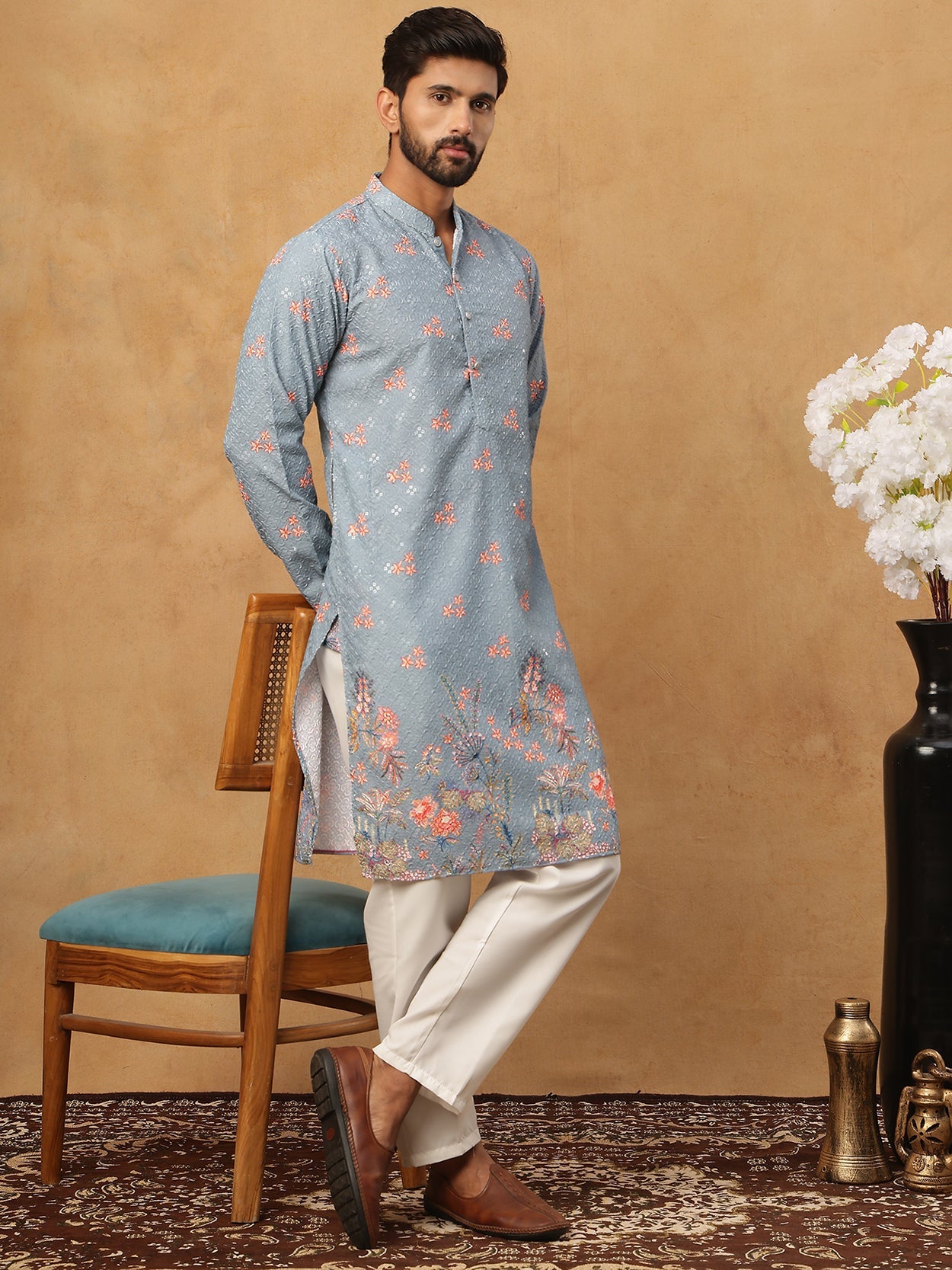 Festive Cotton Blend Printed Kurta Pyjama Set (65KP 5428 Blue ) [FF] [Q-11-14]