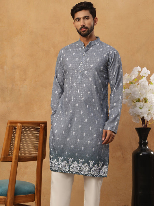 Festive Cotton Blend Printed Kurta Pyjama Set (65KP 5429 Grey ) [FF] [Q-11-14]