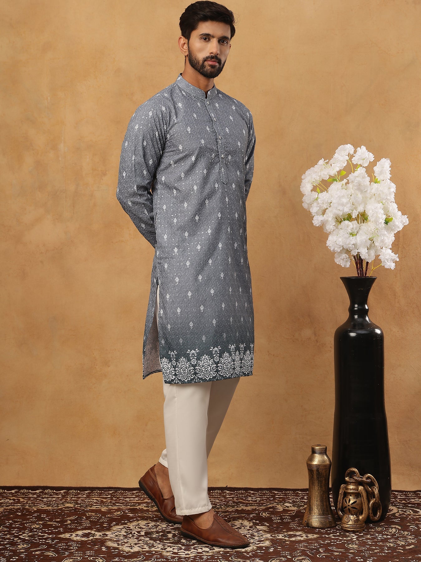 Festive Cotton Blend Printed Kurta Pyjama Set (65KP 5429 Grey ) [FF] [Q-11-14]