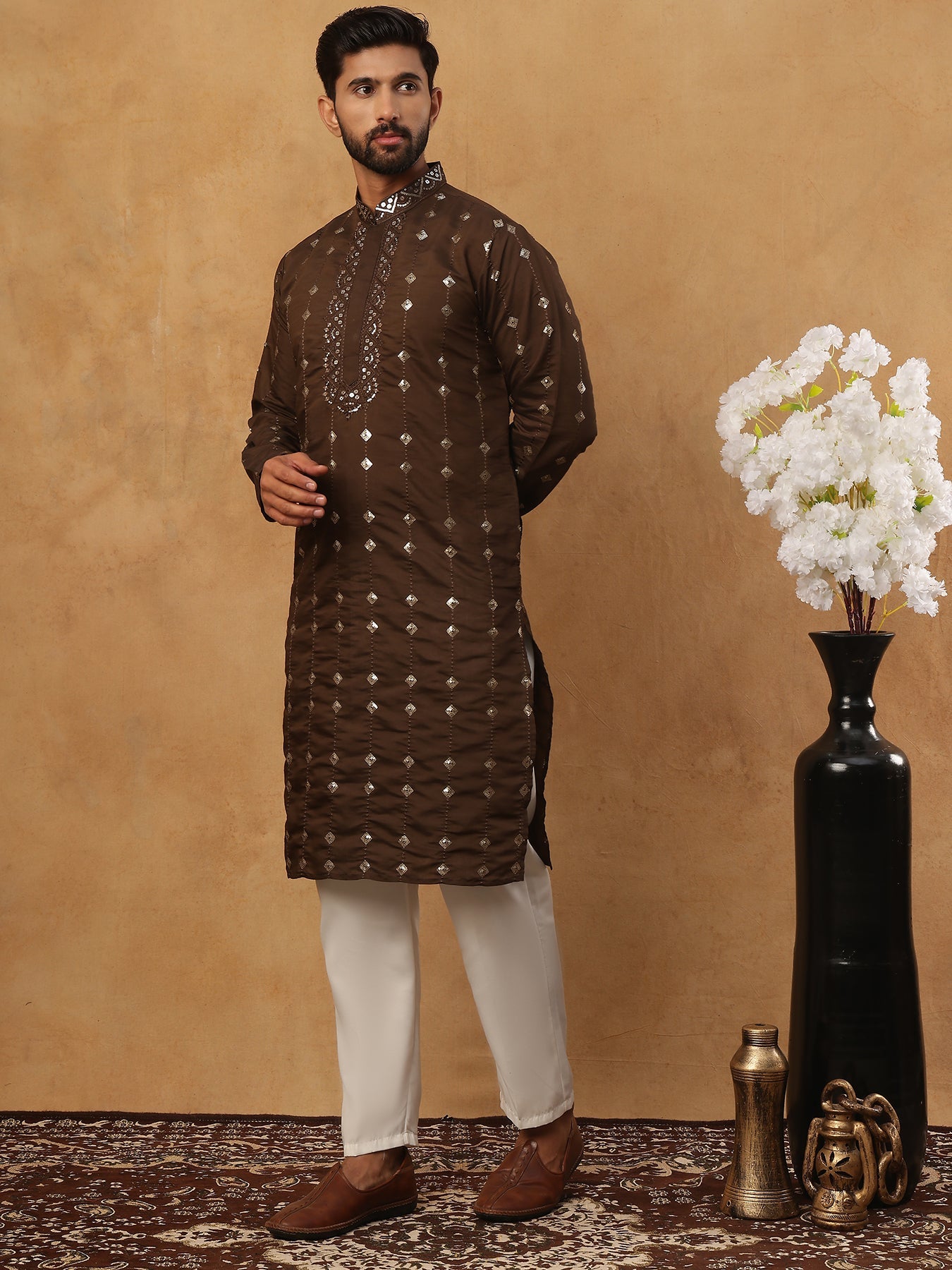 Festive Silk Blend Sequin Work Kurta Pyjama Set (65KP 5430 Brown ) [FF] [A-1-4]