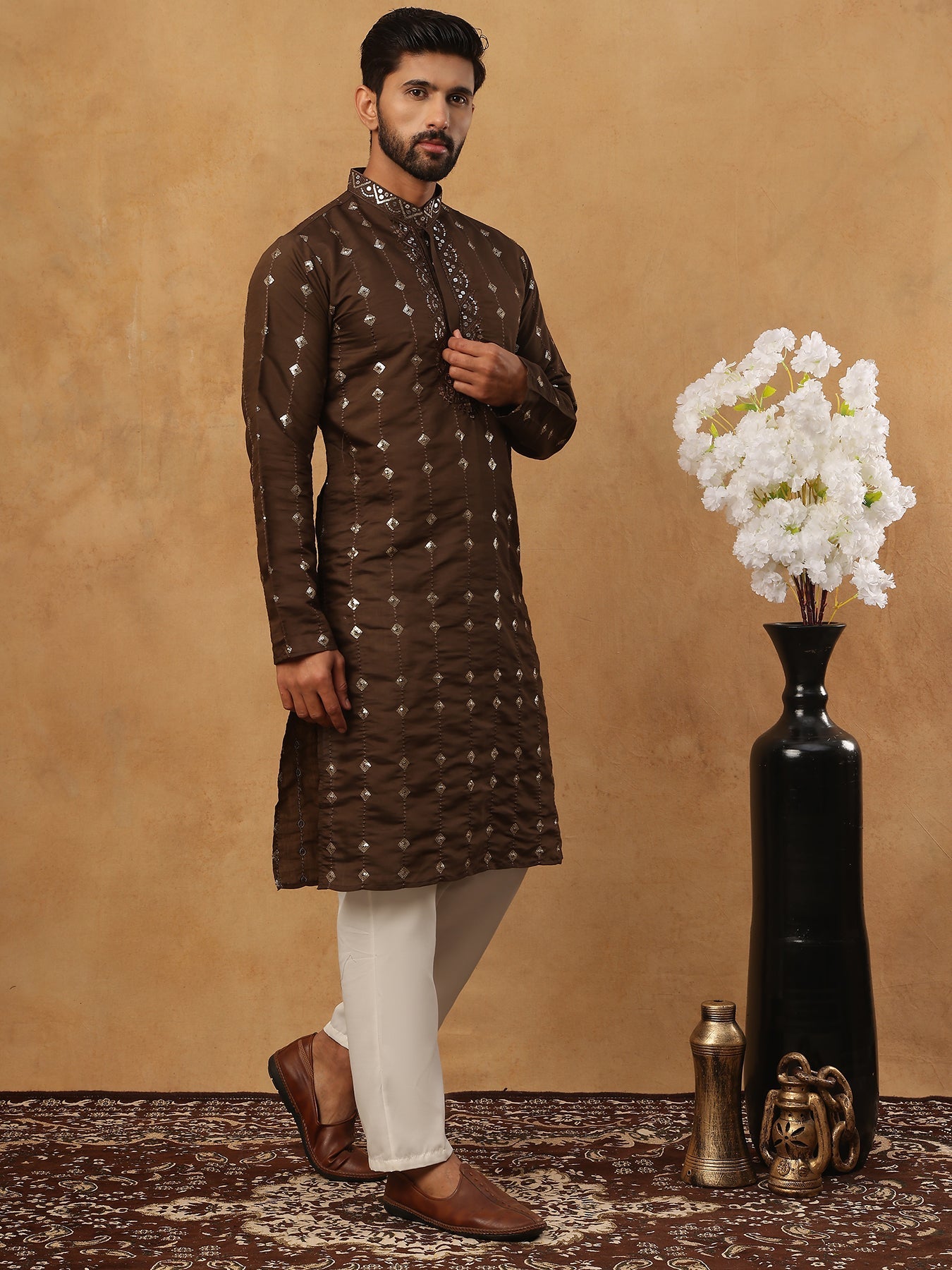 Festive Silk Blend Sequin Work Kurta Pyjama Set (65KP 5430 Brown ) [FF] [A-1-4]