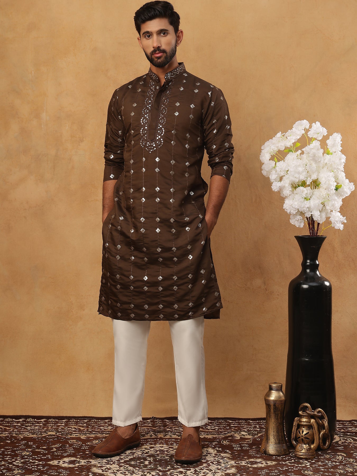 Festive Silk Blend Sequin Work Kurta Pyjama Set (65KP 5430 Brown ) [FF] [A-1-4]