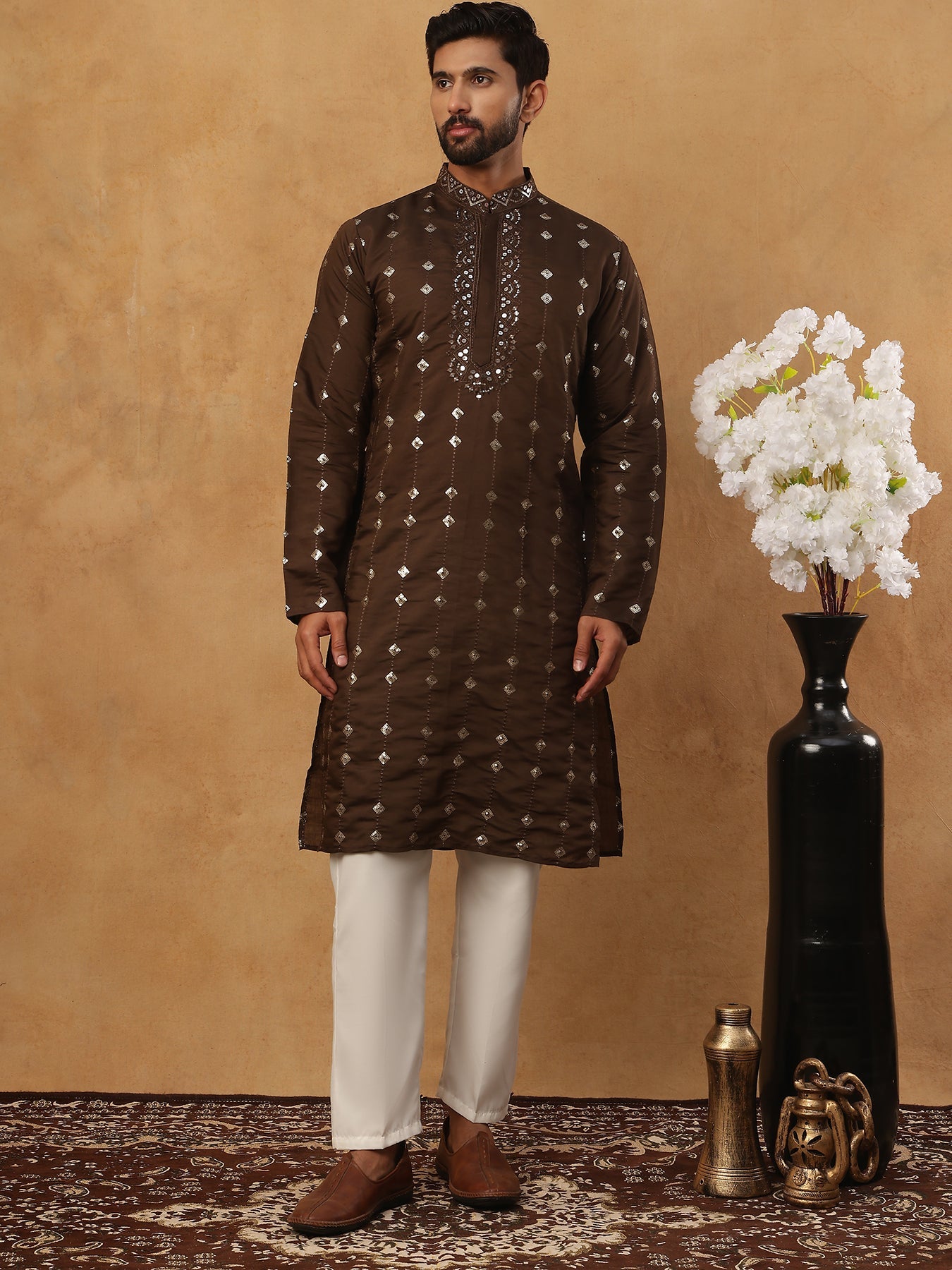 Festive Silk Blend Sequin Work Kurta Pyjama Set (65KP 5430 Brown ) [FF] [A-1-4]