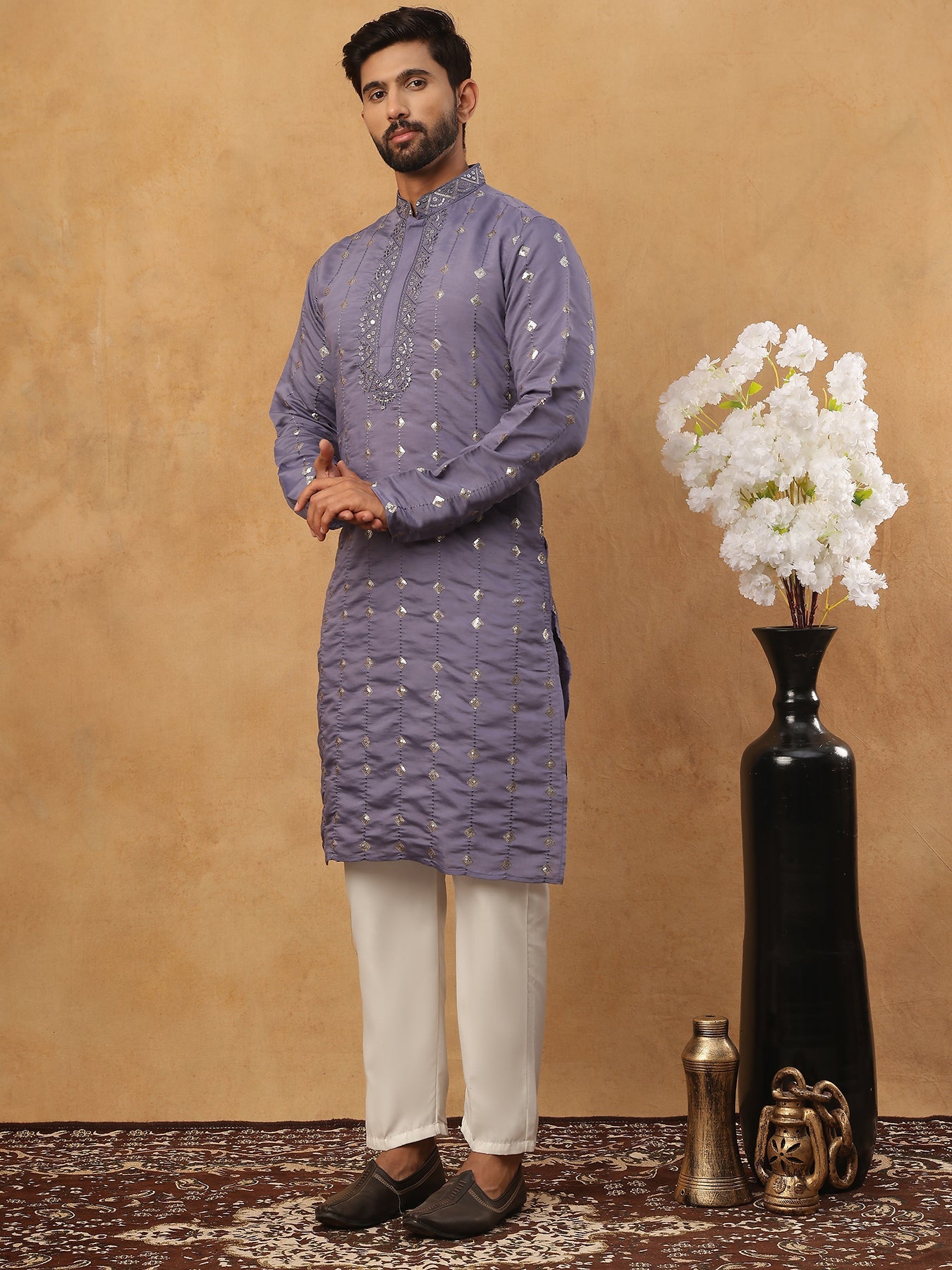 Festive Silk Blend Sequin Work Kurta Pyjama Set (65KP 5430 Purple ) [FF] [A-1-4]