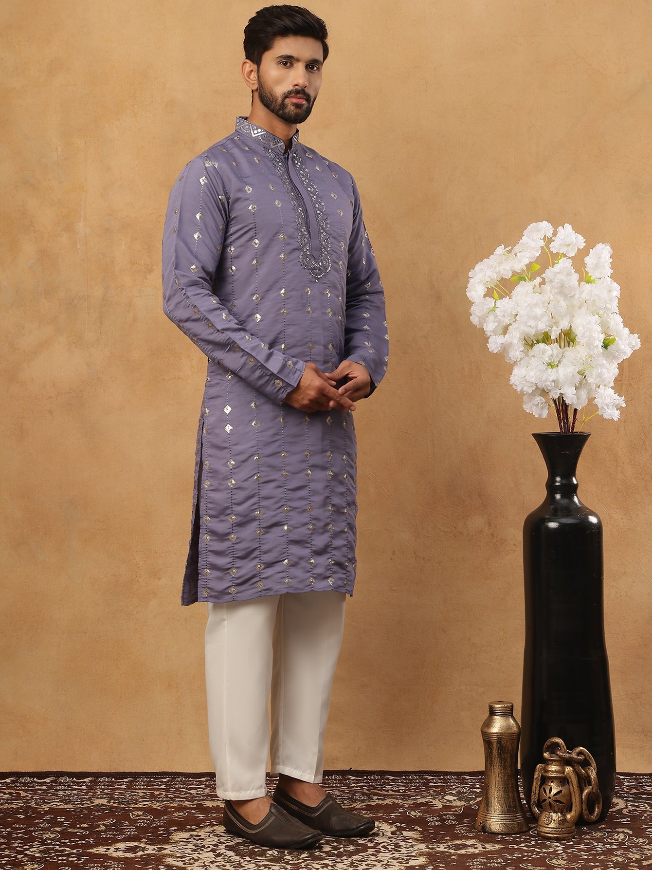 Festive Silk Blend Sequin Work Kurta Pyjama Set (65KP 5430 Purple ) [FF] [A-1-4]