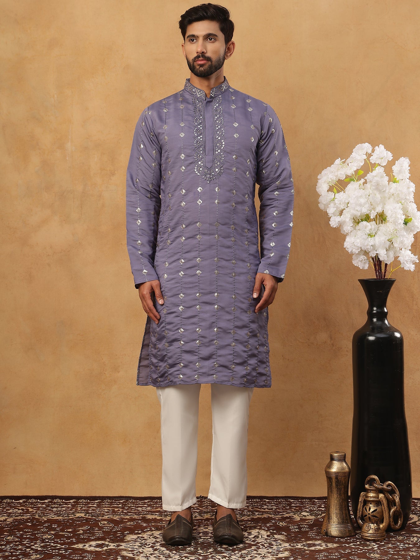 Festive Silk Blend Sequin Work Kurta Pyjama Set (65KP 5430 Purple ) [FF] [A-1-4]