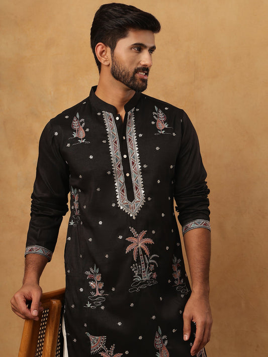 Silk Blend Embroidered Kurta with Pyjama (65KP 5431 Black ) [FF] [B-1-2]