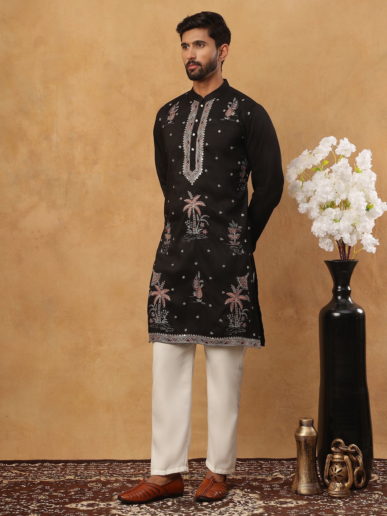 Silk Blend Embroidered Kurta with Pyjama (65KP 5431 Black ) [FF] [B-1-2]