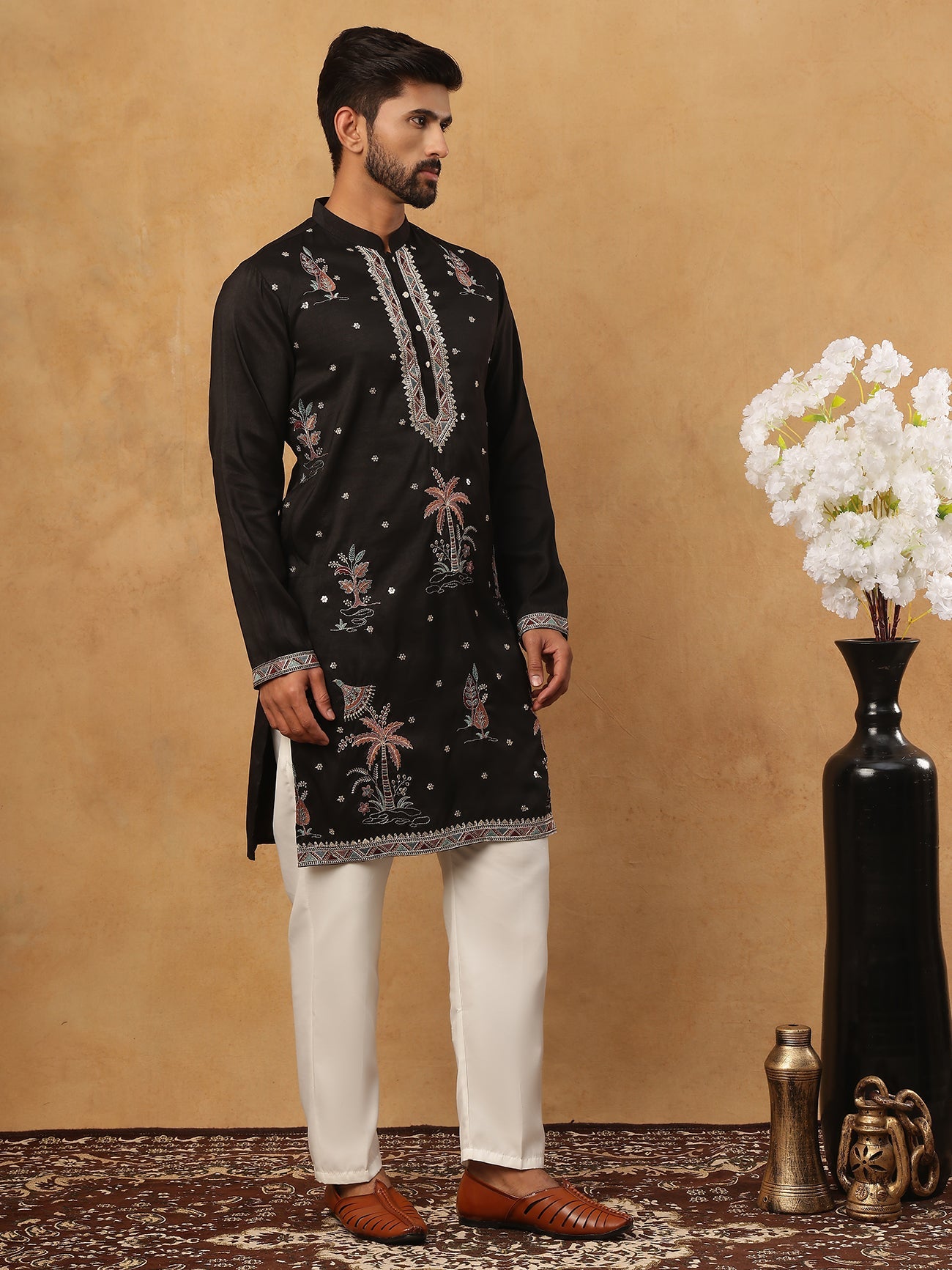 Silk Blend Embroidered Kurta with Pyjama (65KP 5431 Black ) [FF] [B-1-2]
