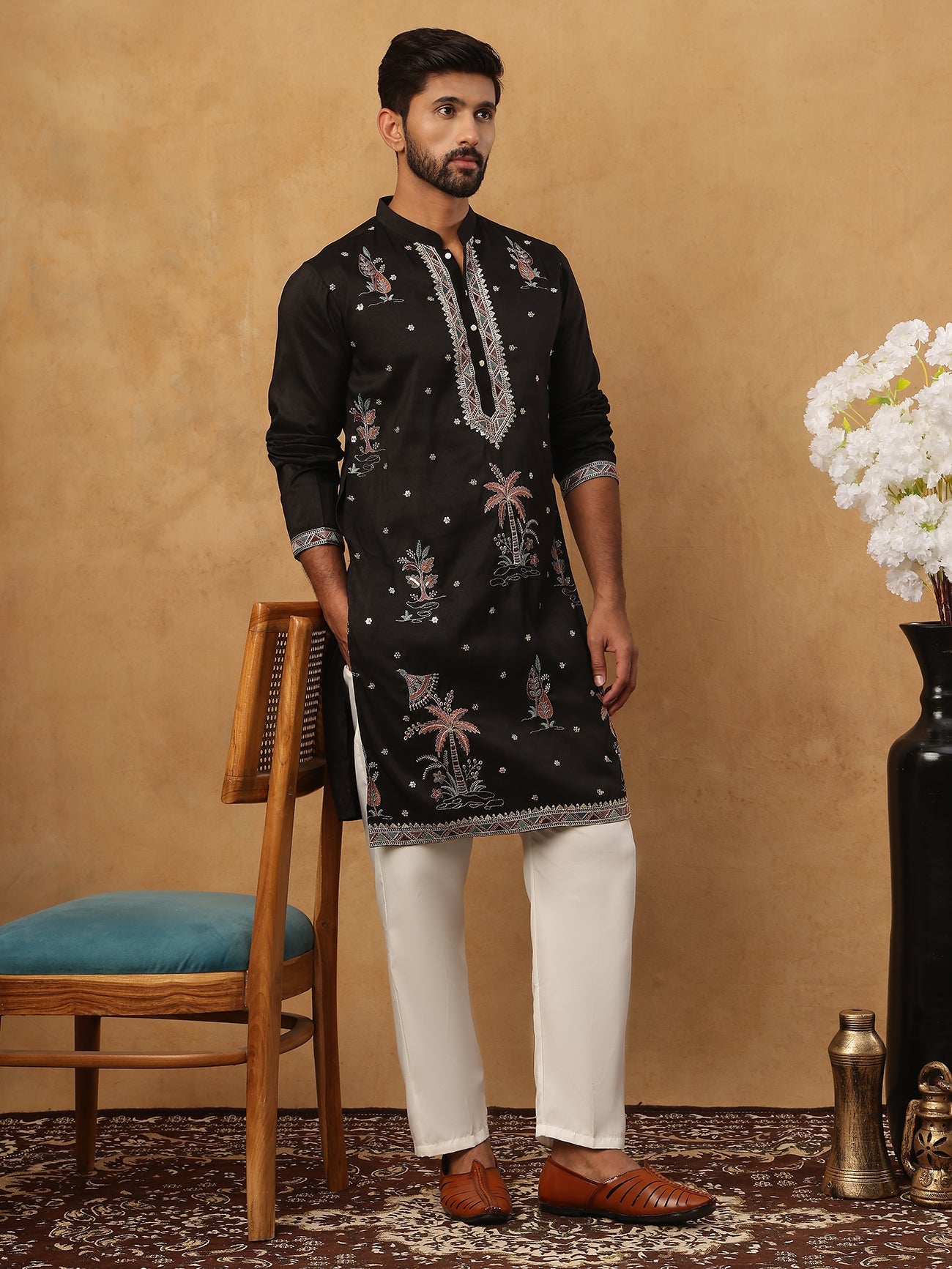 Silk Blend Embroidered Kurta with Pyjama (65KP 5431 Black ) [FF] [B-1-2]