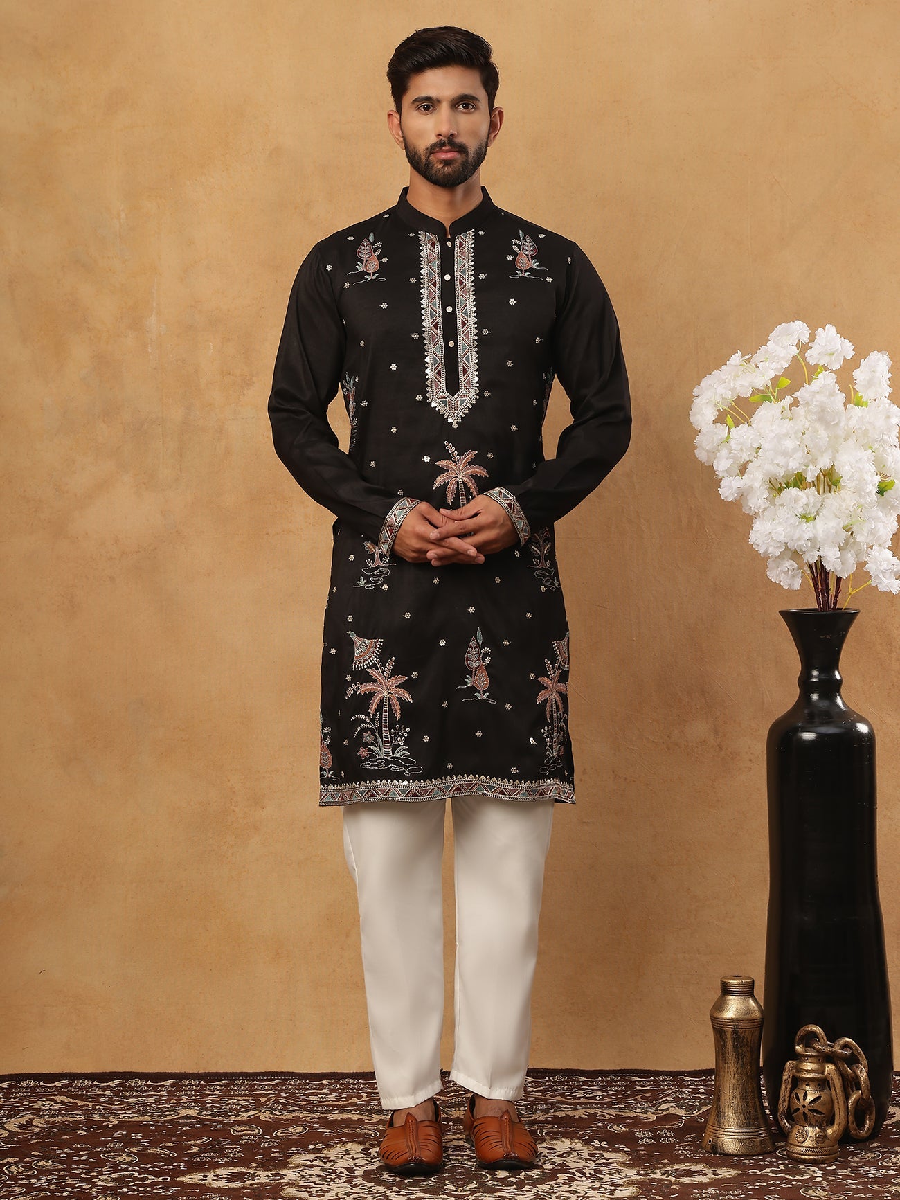 Silk Blend Embroidered Kurta with Pyjama (65KP 5431 Black ) [FF] [B-1-2]