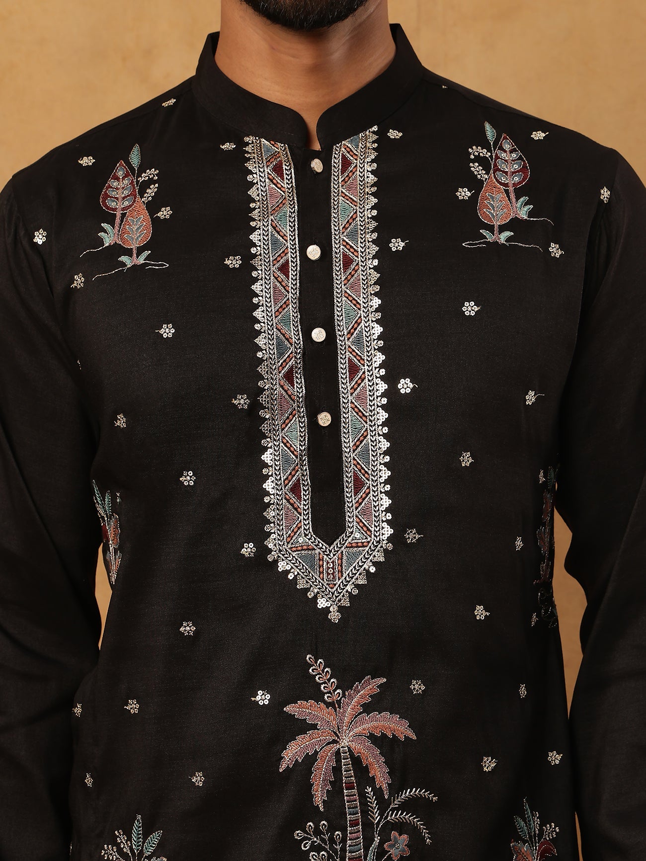 Silk Blend Embroidered Kurta with Pyjama (65KP 5431 Black ) [FF] [B-1-2]